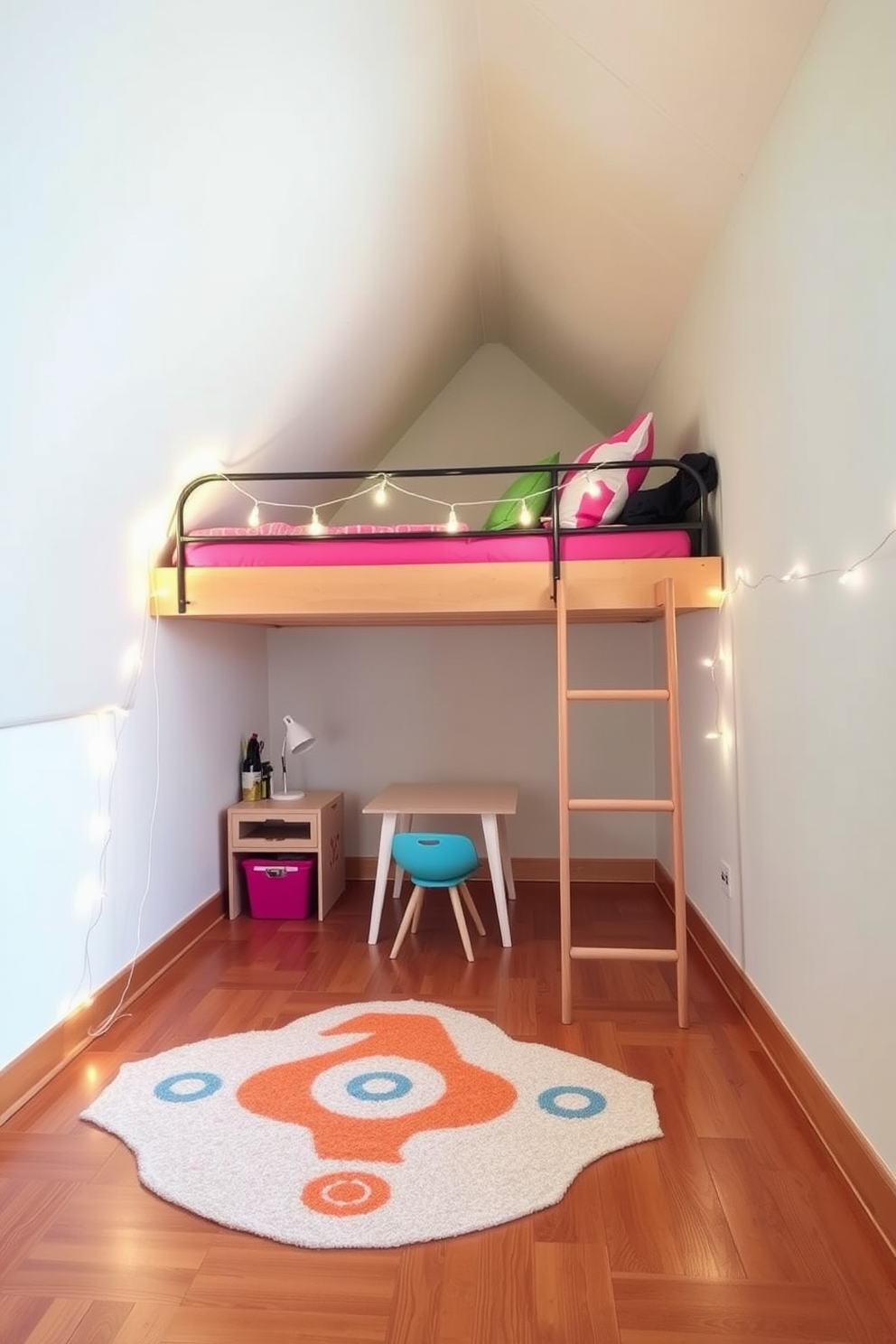 A cozy loft bed is positioned against the slanted ceiling, allowing ample floor space beneath for a small desk and a reading nook. Soft string lights are draped around the bed frame, creating a warm and inviting atmosphere. Brightly colored accent pillows adorn the bed, while a playful rug adds texture to the wooden floor. The walls are painted in a cheerful pastel hue, enhancing the playful vibe of the attic room.