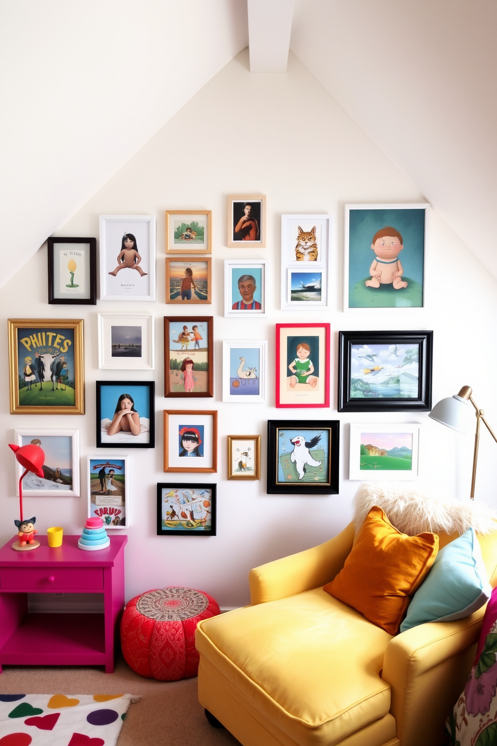 A gallery wall featuring an eclectic mix of personal artwork arranged in various sizes and frames. The wall is painted in a soft white hue to enhance the colors of the artwork, and a comfortable seating area with a plush armchair is positioned nearby for viewing. A fun attic room design with sloped ceilings and playful decor elements. Brightly colored furniture and whimsical accessories create a vibrant atmosphere, while cozy nooks with cushions invite relaxation and creativity.