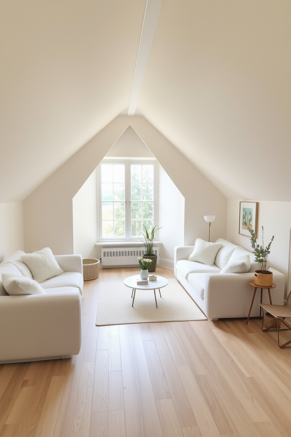 A serene attic room designed with a neutral palette. Soft beige walls and light wood flooring create a calming atmosphere accented by plush white furnishings. The space features a cozy reading nook with a large window allowing natural light to flood in. A stylish area rug adds texture, while simple decor elements like potted plants and minimalist artwork enhance the tranquil vibe.