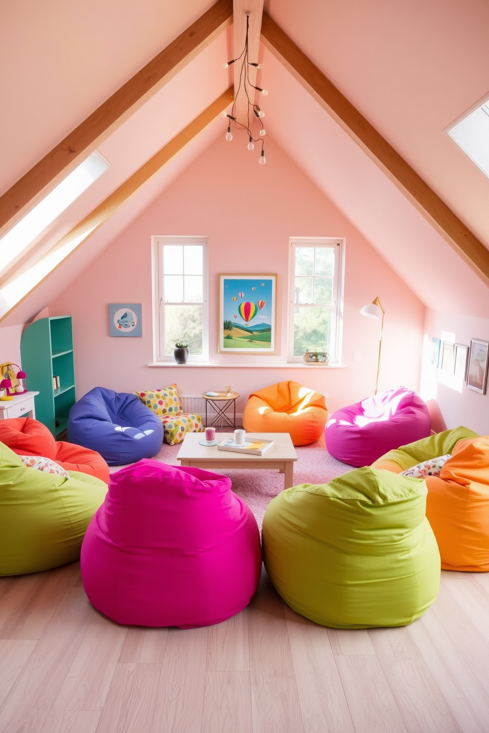 Colorful bean bags scattered around a cozy attic room create a relaxed and inviting atmosphere. The walls are painted in soft pastels, and large windows let in plenty of natural light, enhancing the playful vibe. Incorporate a low coffee table in the center, surrounded by vibrant bean bags in various shapes and sizes. Add whimsical artwork and fairy lights to elevate the charm of this fun attic space.