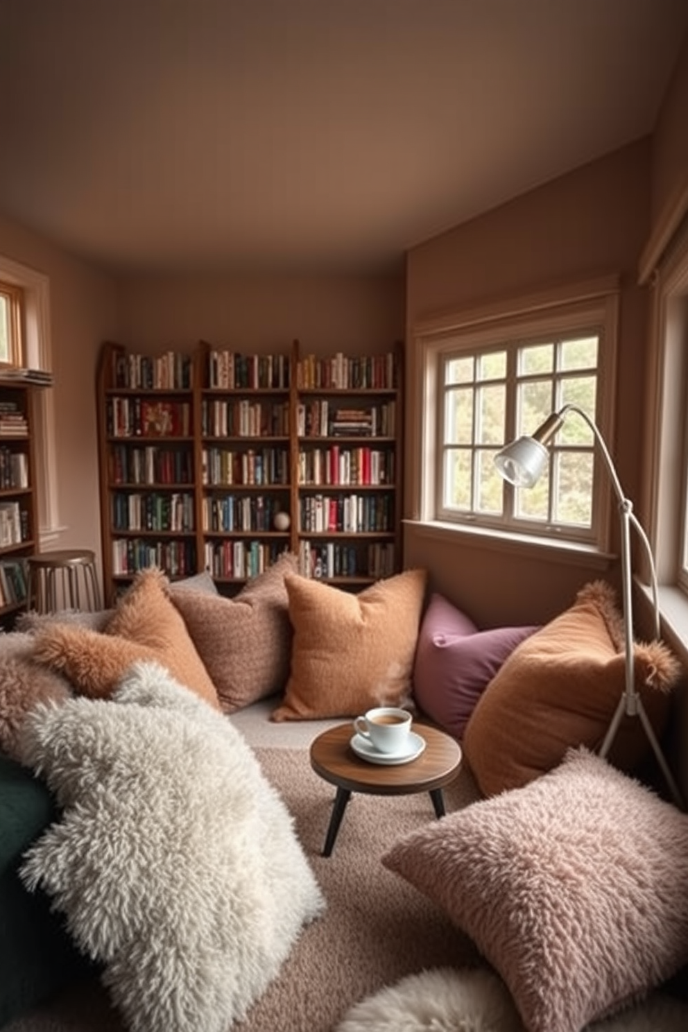 A cozy reading loft filled with plush cushions in various textures and colors invites relaxation. Large windows allow natural light to flood the space, highlighting a collection of bookshelves lined with favorite reads. The walls are adorned with soft, warm tones that create an inviting atmosphere. A small side table holds a steaming cup of tea, and a whimsical floor lamp provides gentle illumination for late-night reading.