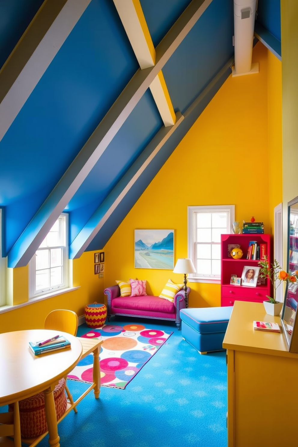 A colorful playroom with soft flooring. The walls are painted in bright, cheerful colors, and various playful decorations adorn the space. Fun attic room design ideas. The area features cozy nooks with plush seating, and large windows allow natural light to flood the room.