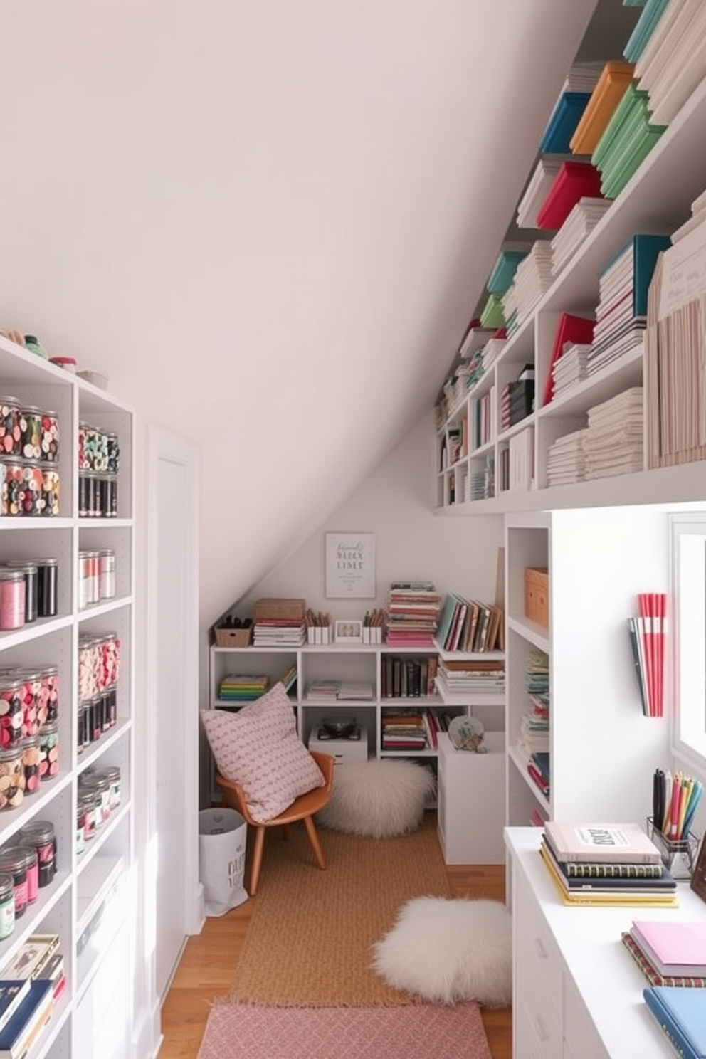 A bright and airy craft room filled with organized supplies. Shelves line the walls, displaying neatly arranged jars of buttons, spools of thread, and stacks of colorful paper. A cozy attic room designed for relaxation and creativity. Soft lighting illuminates a comfortable reading nook with plush cushions and a small desk for artistic projects.