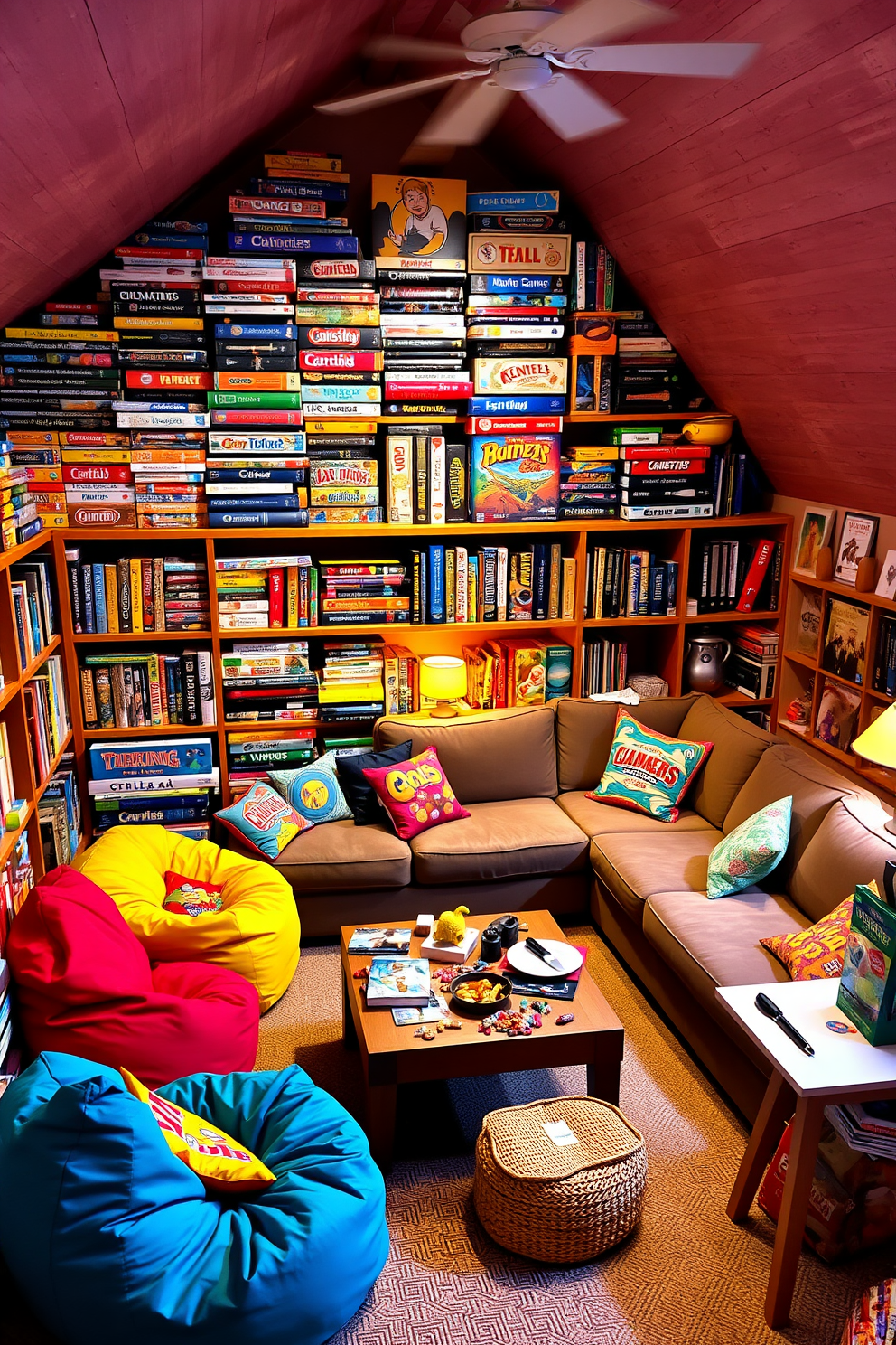 A vibrant attic room filled with natural light. The walls are adorned with a colorful mural depicting whimsical scenes that spark imagination. Cozy seating areas with plush bean bags and a small reading nook create a welcoming atmosphere. Brightly colored rugs and playful decor enhance the creative vibe of the space.