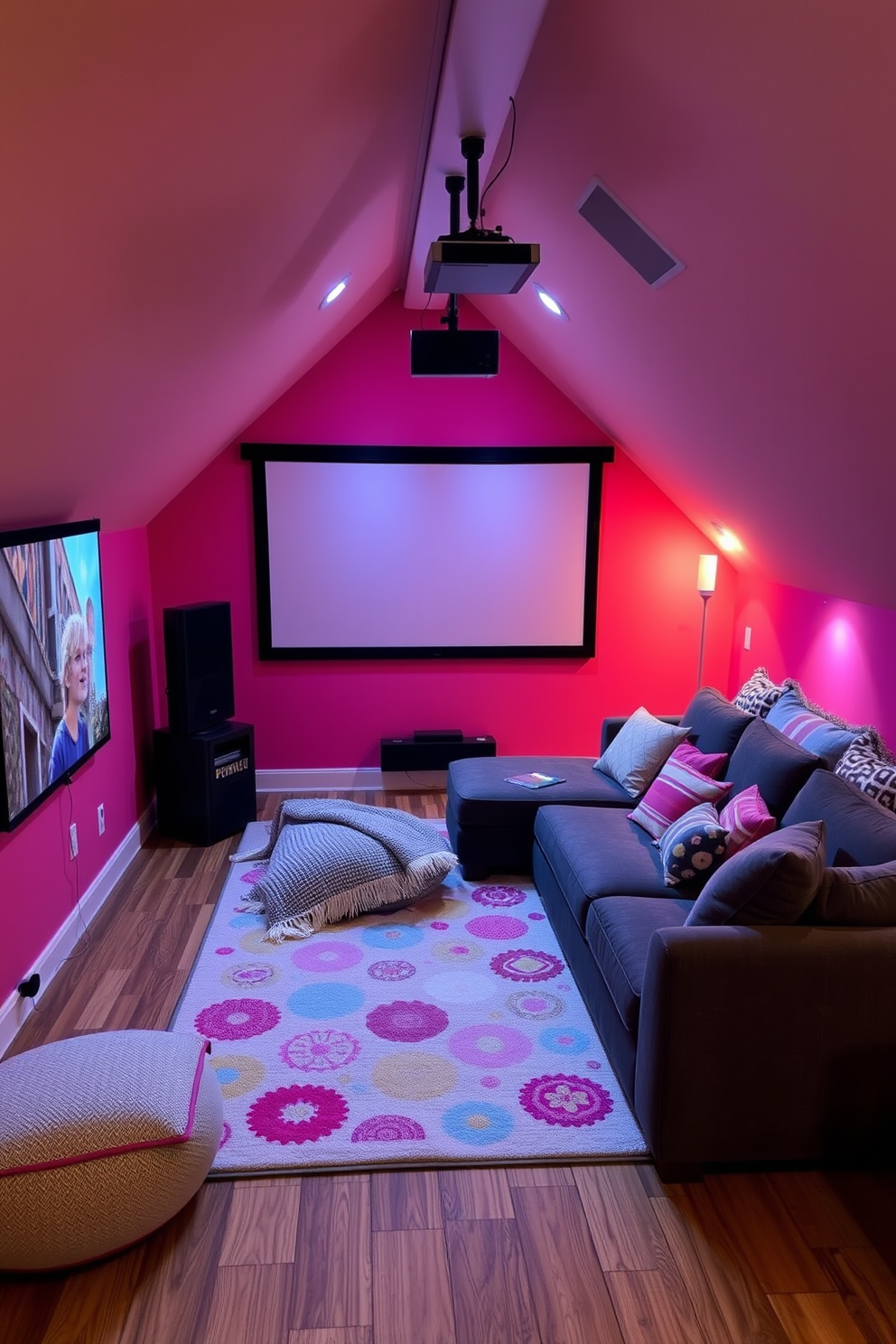 Cozy movie nook with projector setup. A plush sectional sofa is arranged in front of a large screen, with soft throw blankets and pillows scattered for comfort. Fun Attic Room Design Ideas. The space features a playful color palette with bright accent walls and a whimsical rug, while a built-in reading nook with cushions invites relaxation.