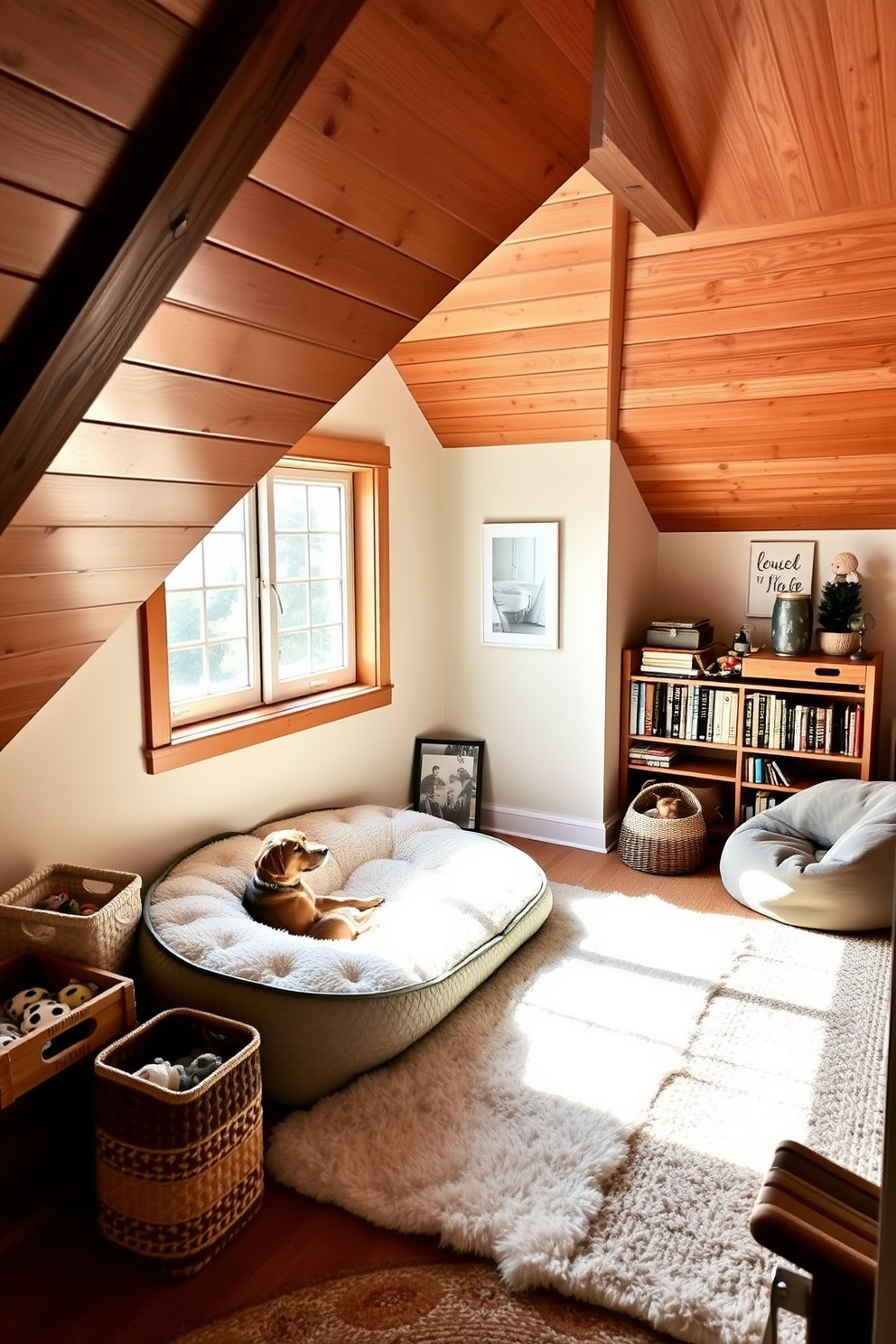 A pet-friendly corner features a plush dog bed nestled in a sunny spot by the window. Surrounding the bedding are stylish storage baskets for toys and a soft rug to add warmth to the space. The attic room design showcases sloped ceilings with exposed wooden beams, creating a charming and cozy atmosphere. A comfortable reading nook is set up with a bean bag chair and a small bookshelf filled with favorite novels.