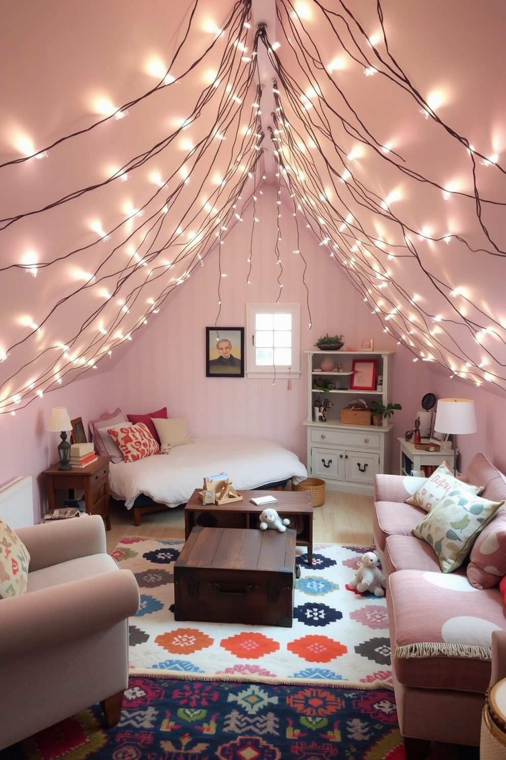 A whimsical attic room filled with cozy fairy lights draped across the ceiling creating a magical ambiance. The walls are painted in soft pastel colors, and a comfortable reading nook with plush cushions invites relaxation. In one corner, a vintage trunk serves as a unique coffee table, surrounded by a mix of eclectic furniture pieces. A playful rug with bright patterns adds warmth and personality to the space, while fairy lights twinkle softly, enhancing the enchanting atmosphere.