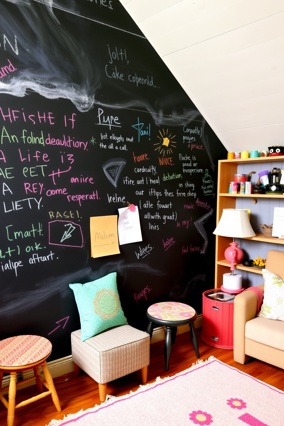 A chalkboard wall stretches across one side of the room, inviting creativity and playful expression. Colorful chalk drawings and notes add a dynamic and interactive element to the space. The attic room is designed with cozy nooks and vibrant decor, making it a perfect retreat for relaxation and inspiration. Soft textiles and whimsical furniture pieces create a fun and inviting atmosphere for all ages.