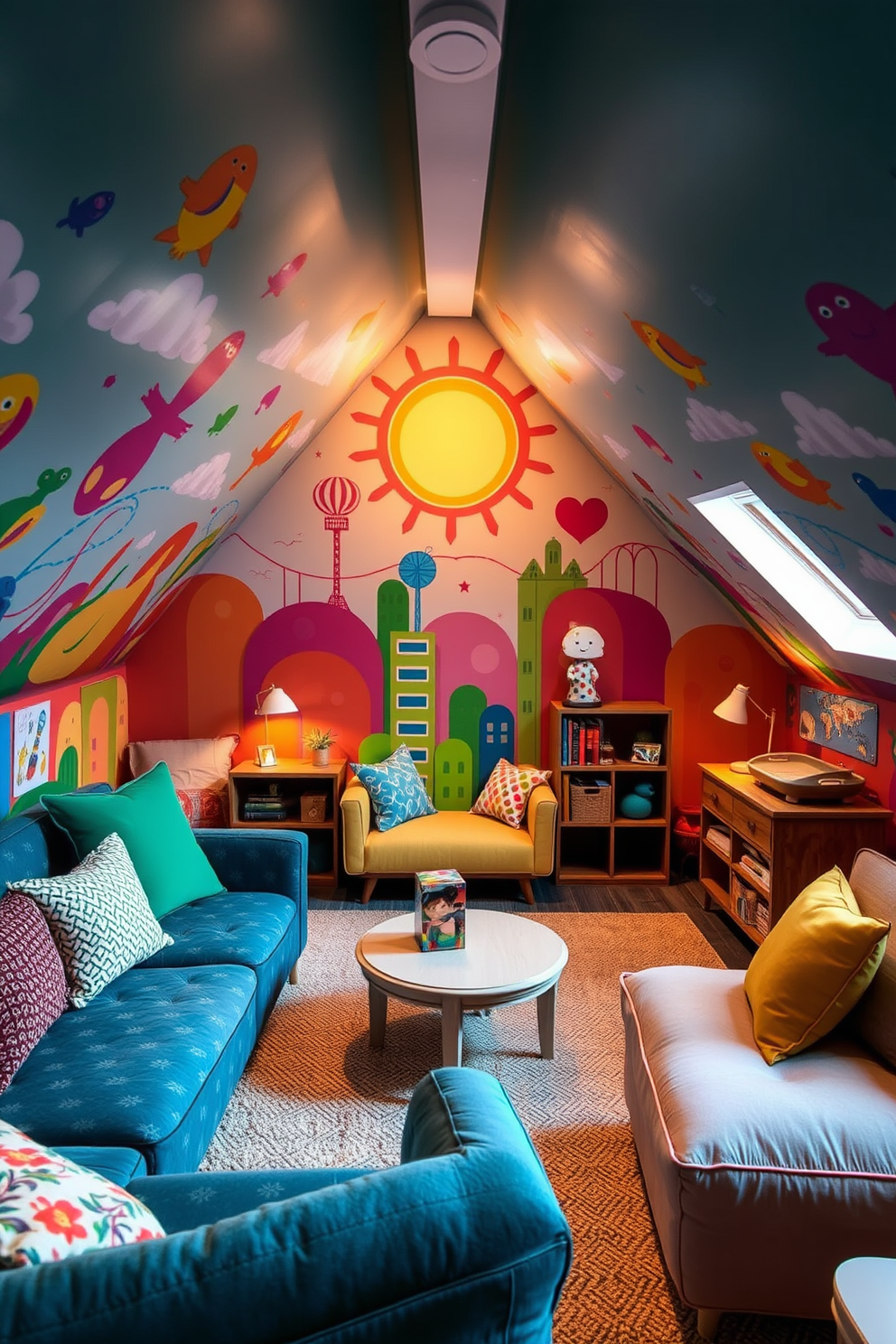 A personalized mural features vibrant colors and whimsical designs that reflect the personality of the occupant. The mural transforms the space into a lively focal point, enhancing the overall character of the room. The attic room is designed with cozy nooks and playful furniture arrangements to create an inviting atmosphere. Soft lighting and textured fabrics add warmth, making it a perfect retreat for relaxation and creativity.