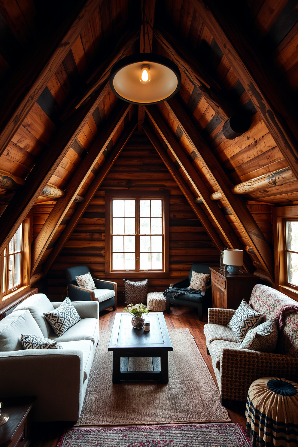 A cozy attic room featuring rustic wood beams that create a warm and inviting atmosphere. The space is adorned with soft textiles, a comfortable seating area, and large windows that allow natural light to flood in, enhancing the cabin feel.