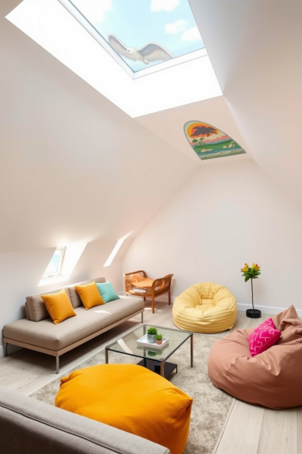 An outdoor-inspired attic room features large windows that let in abundant natural light and offer views of surrounding trees. The space is adorned with reclaimed wood beams and a cozy seating area filled with lush greenery and vibrant potted plants. The design incorporates a soft color palette of earthy tones, with a jute rug underfoot and woven baskets for storage. A small reading nook is created with a hammock chair, inviting relaxation and a connection to nature.