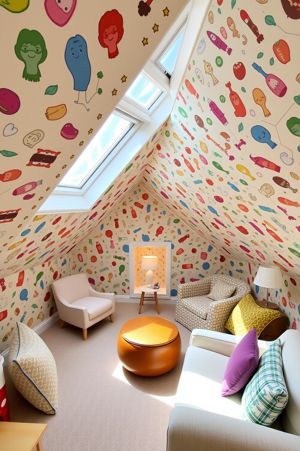 A playful attic room filled with whimsical wallpaper featuring colorful, cartoon-like designs. The space is bright and airy, with cozy seating areas and a small reading nook bathed in natural light from skylights.