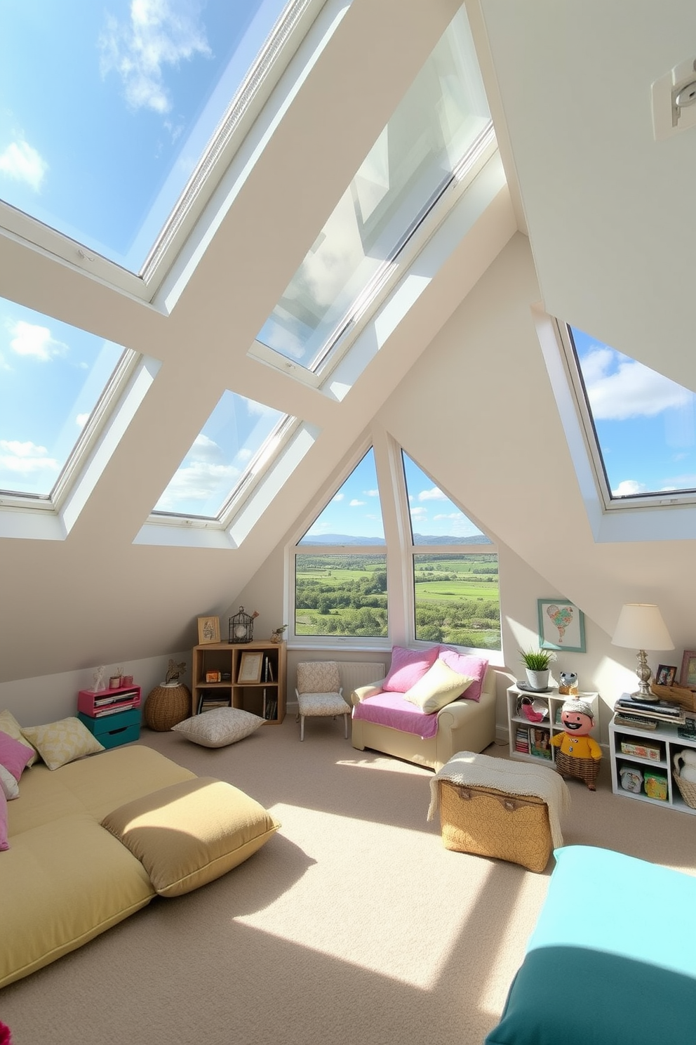 A bright and airy attic room filled with natural light from multiple skylights that open up to stunning views of the surrounding landscape. The room features cozy seating areas with plush cushions, a playful color palette, and whimsical decor to inspire creativity and relaxation.