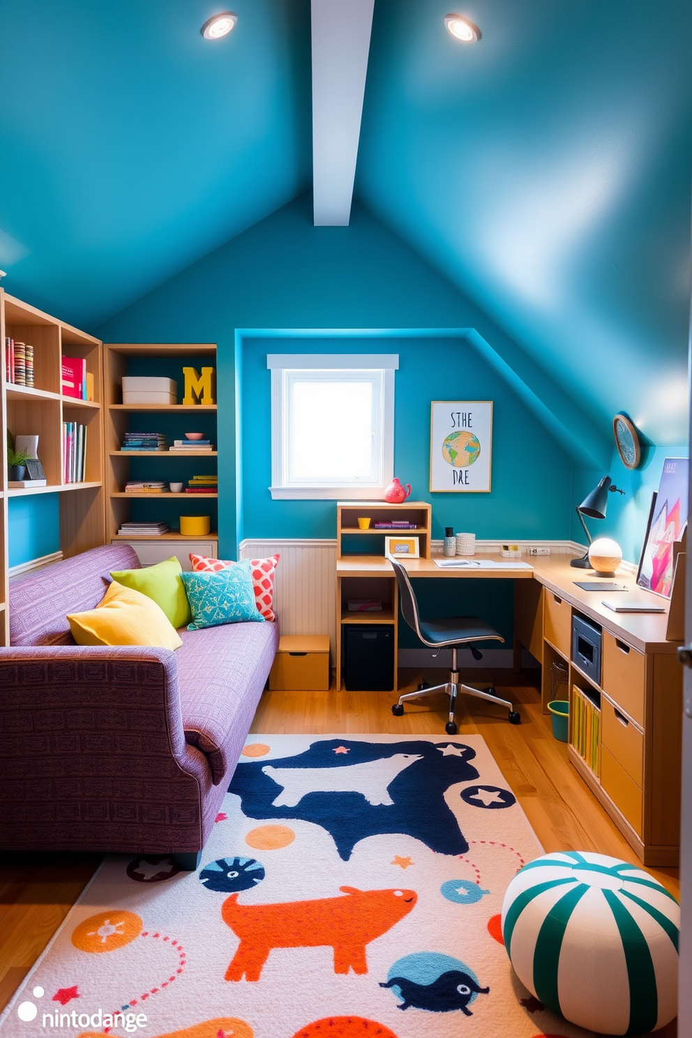 A cozy attic room designed for maximum functionality. The space features a stylish fold-out sofa bed, a compact desk that can be tucked away, and built-in shelving that provides ample storage while maintaining an open feel. Bright colors and playful decor create an inviting atmosphere. A whimsical rug covers the floor, and wall art adds personality, making the room perfect for relaxation and creativity.