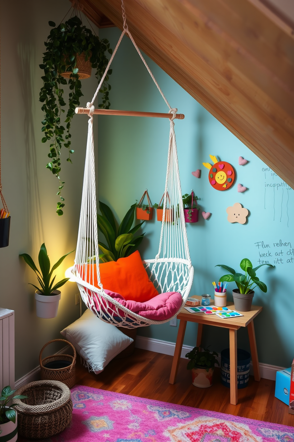 A cozy relaxation corner featuring a hammock chair suspended from the ceiling. Surrounding the chair are potted plants and soft cushions that create an inviting atmosphere. A playful attic room designed for creativity and fun. The space includes a colorful rug, a small art station, and whimsical wall decor that inspires imagination.