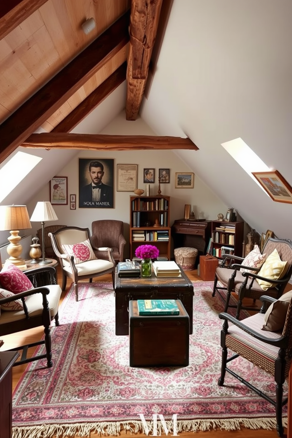 A cozy attic room filled with vintage decor elements. There are exposed wooden beams on the ceiling and a soft area rug on the floor, creating a warm atmosphere. An antique trunk serves as a coffee table, surrounded by mismatched chairs and cushions. The walls are adorned with framed vintage posters and a small bookshelf filled with classic novels.