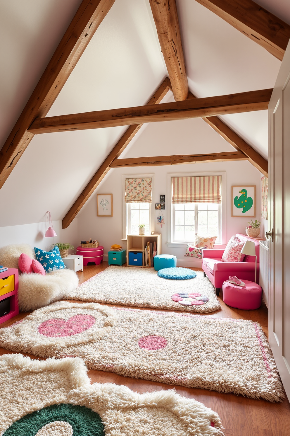 A cozy attic room filled with soft rugs that provide warmth and comfort. The space is designed with playful furniture and colorful accents that create a fun and inviting atmosphere. The walls are adorned with whimsical art and the ceiling features exposed beams for character. A reading nook is set up by the window, complete with plush cushions and a small bookshelf.