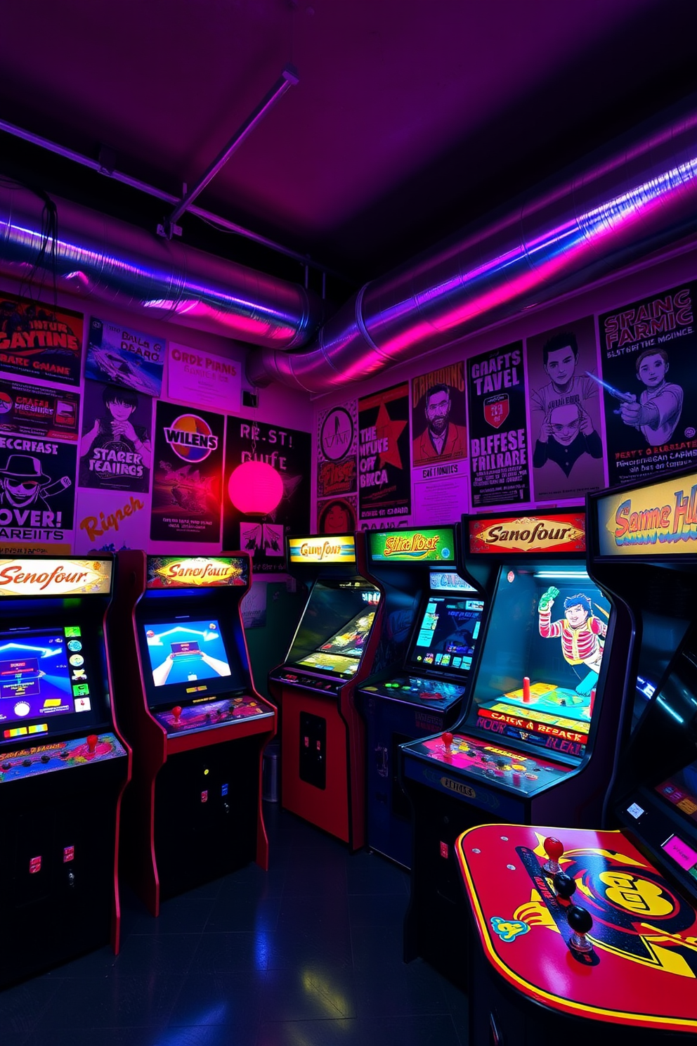 A vibrant game room filled with retro arcade cabinets showcasing a variety of classic games. The walls are adorned with vintage posters and neon lights, creating an energetic atmosphere.