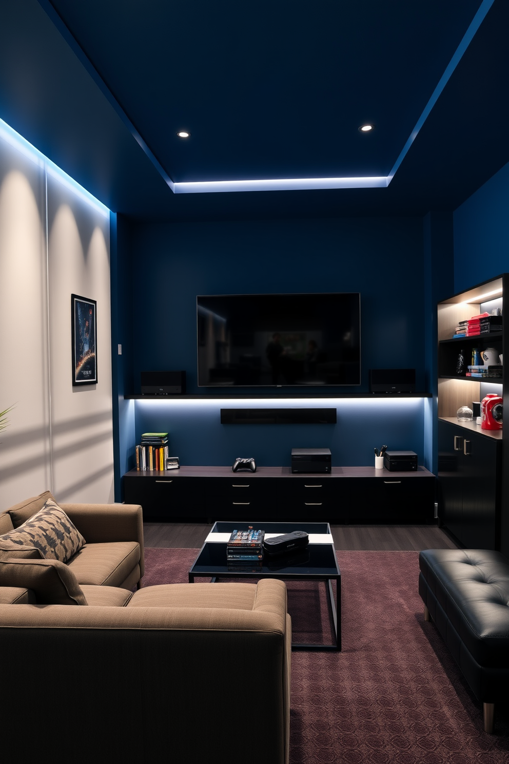 A modern game room featuring sleek storage solutions for gaming consoles. The walls are painted in a deep blue hue, complemented by a plush sectional sofa and a stylish coffee table. Incorporate open shelving with LED lighting to showcase games and collectibles. A large wall-mounted screen is the focal point, surrounded by soundproof panels for an immersive experience.