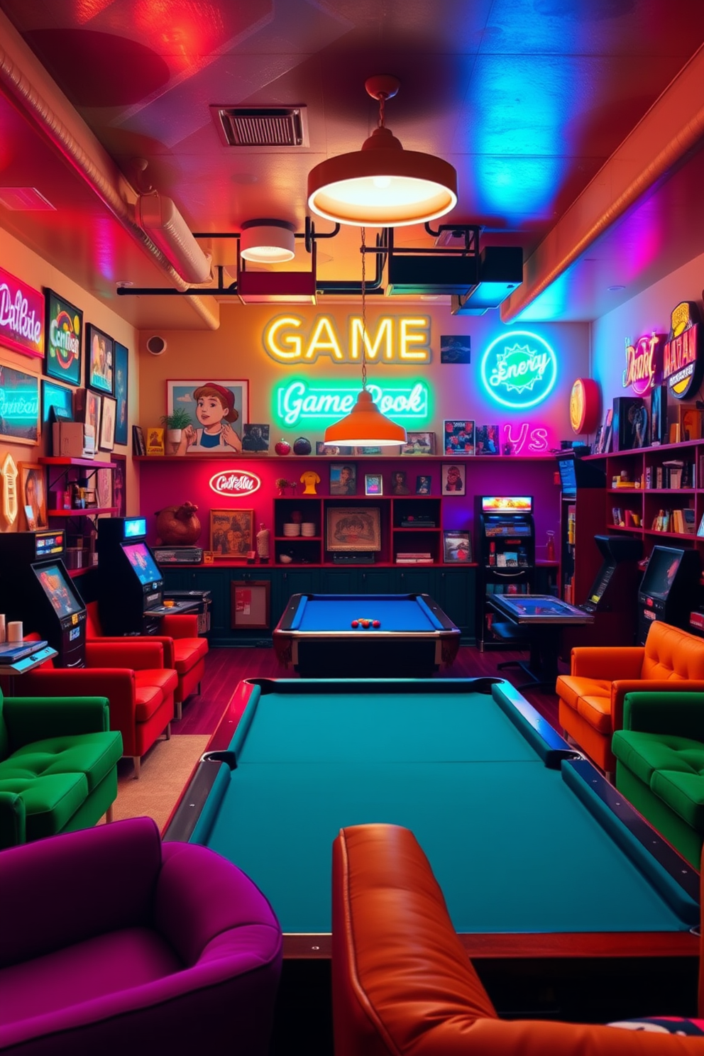 A vibrant game room filled with energy and excitement. The walls are adorned with colorful game-themed wall decals featuring characters and icons from popular video games. A cozy seating area includes a plush sectional sofa and bean bags for comfort. Bright LED lights illuminate the space, creating an inviting atmosphere for gaming sessions.