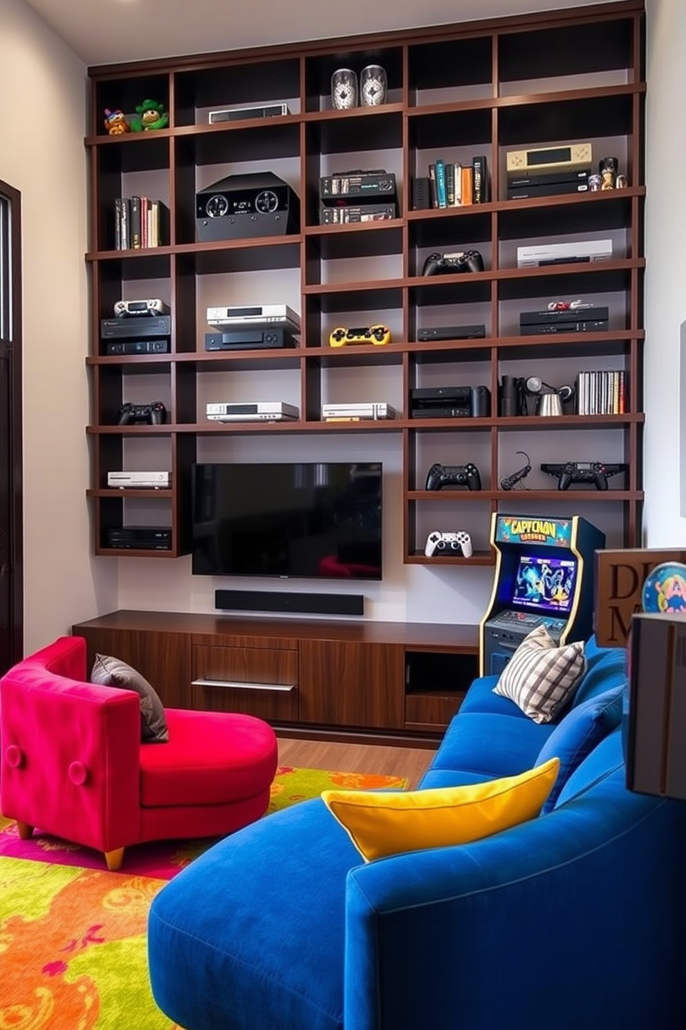 Custom shelving for game collections. The shelves are crafted from dark wood with a sleek finish, designed to hold various game consoles and accessories. Fun Game Room Design Ideas. The room features a large sectional sofa in vibrant colors, a wall-mounted TV, and a retro arcade machine in the corner.