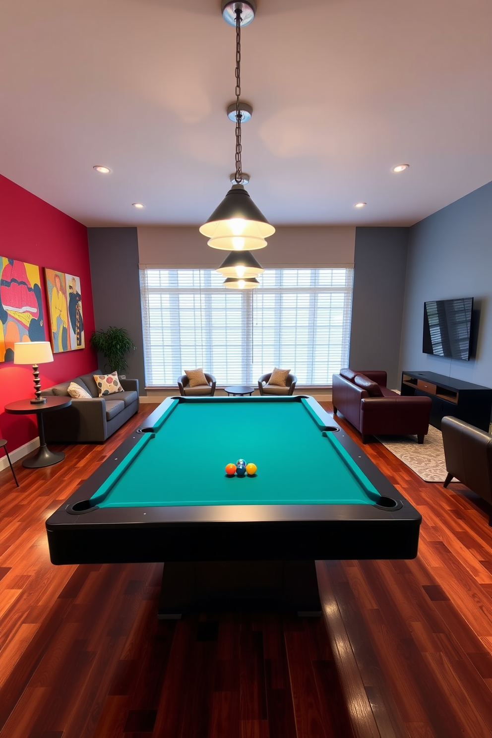 A vibrant game room featuring a sleek pool table as the focal point. The walls are adorned with colorful artwork and the flooring is a polished hardwood that complements the modern furniture. Comfortable seating arrangements surround the pool table, inviting friends and family to gather and play. Soft lighting fixtures hang overhead, creating a warm and inviting atmosphere perfect for entertainment.