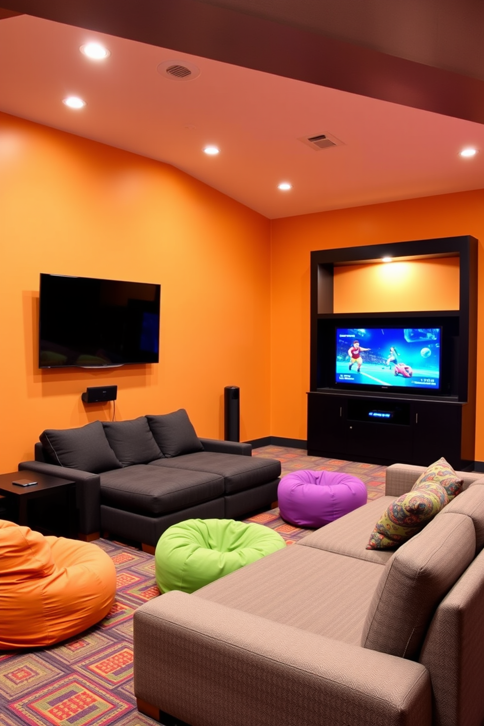 A vibrant game room features a wall-mounted TV positioned at eye level for optimal viewing. The space is filled with comfortable seating options, including a plush sectional sofa and colorful bean bags, creating an inviting atmosphere for entertainment and relaxation.