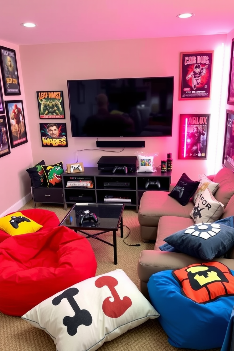 Create a cozy game room featuring a variety of game-themed throw pillows in vibrant colors and playful designs. The space includes a comfortable sectional sofa, a coffee table surrounded by bean bags, and walls adorned with framed game posters. Incorporate a large flat-screen TV mounted on the wall, with a gaming console and controllers neatly arranged on a stylish media console. Add fun lighting elements like neon signs and LED strip lights to enhance the gaming atmosphere.