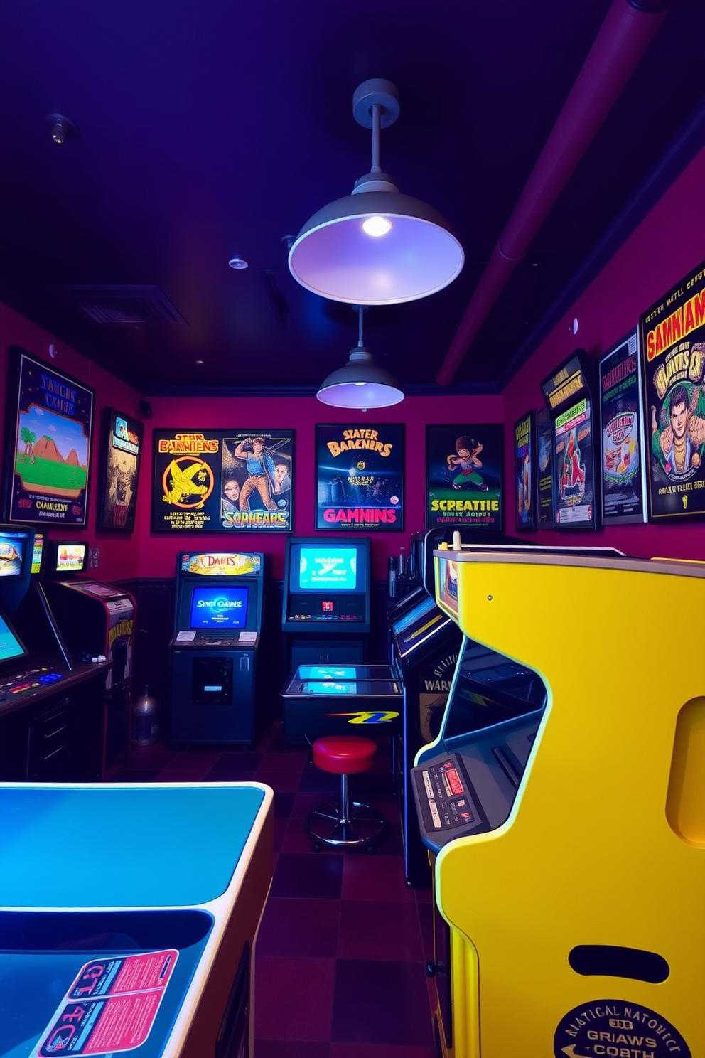 A vibrant game room filled with character. The walls are adorned with vintage gaming posters showcasing iconic video games from the past.