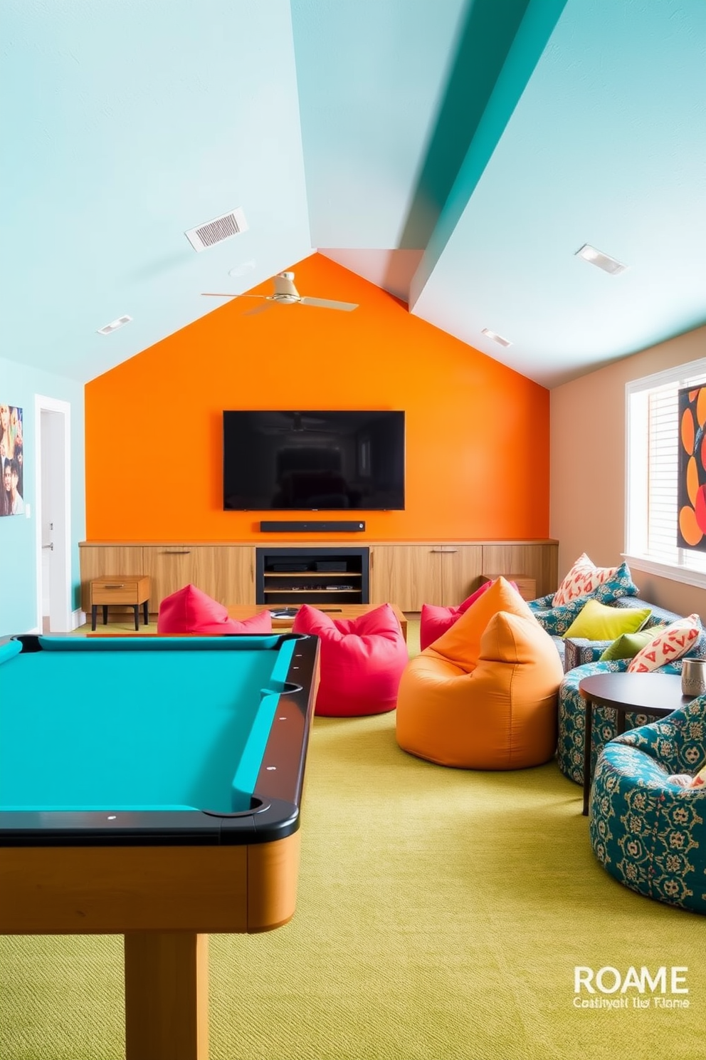 A vibrant game room designed for competitive gaming features wall-mounted screens displaying high-definition graphics. The space is equipped with comfortable gaming chairs and ambient LED lighting that enhances the excitement of the gaming experience.