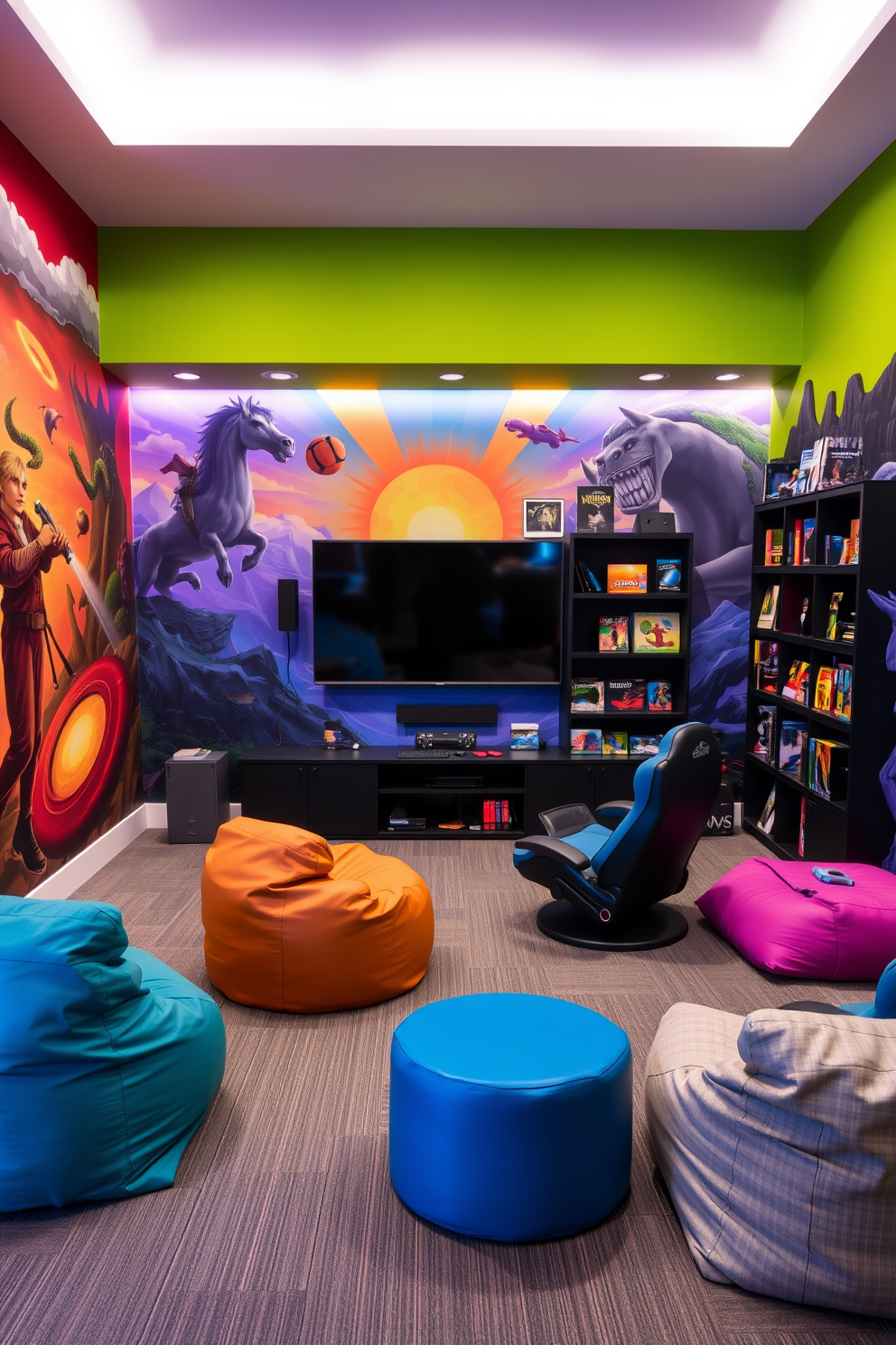 A vibrant game room designed for entertainment and relaxation. The walls are adorned with colorful themed murals that transport players into different worlds, creating an immersive experience. The room features a mix of comfortable seating options, including bean bags and gaming chairs. A large wall-mounted screen is surrounded by shelves filled with board games and gaming accessories.