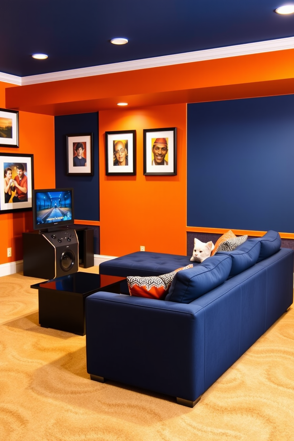 A vibrant game room featuring artistic murals that depict immersive game landscapes. The walls are adorned with colorful graphics showcasing fantasy worlds, creating an engaging atmosphere for gaming enthusiasts.