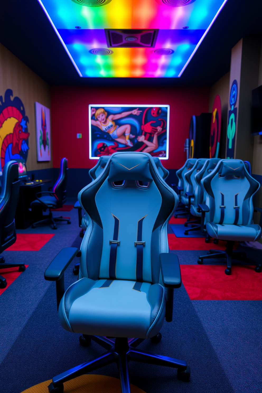 A vibrant game room featuring multiple gaming chairs with ergonomic support designed for comfort during long sessions. The walls are adorned with colorful artwork and LED strip lighting that enhances the energetic atmosphere.