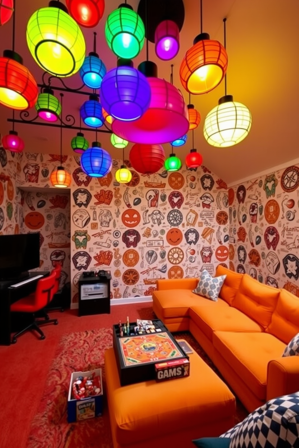 A vibrant game room filled with energy and excitement. The ceiling features colorful hanging lights in various shapes that create a playful atmosphere. The walls are adorned with bold, graphic wallpaper that showcases gaming motifs. A large sectional sofa in a bright hue is arranged around a coffee table with board games and snacks readily available.