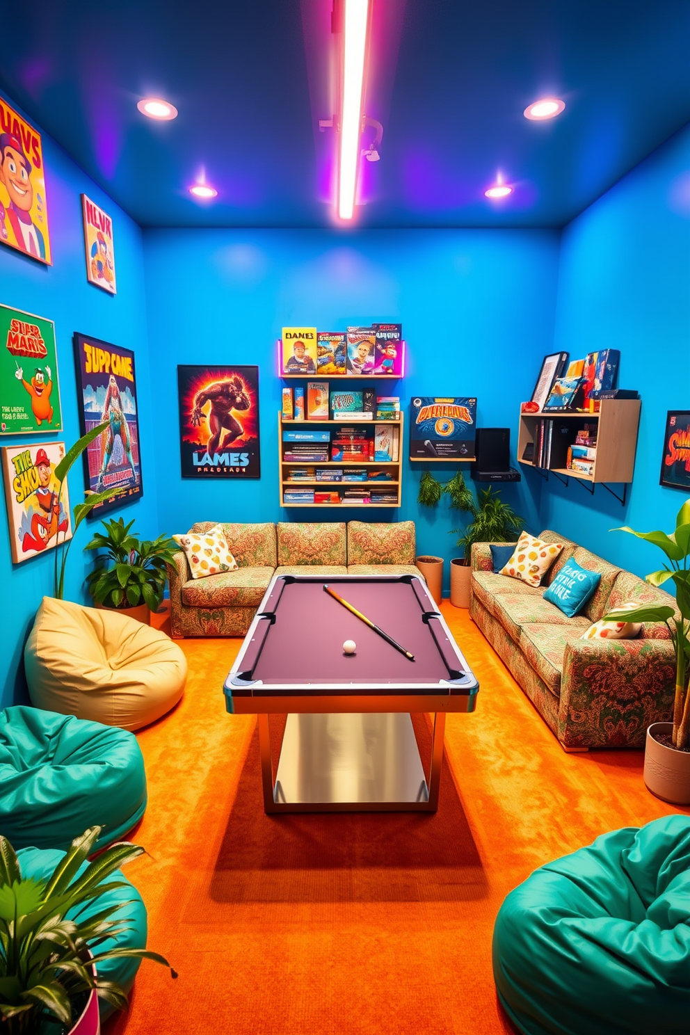 A vibrant game room filled with energy and excitement. The walls are painted in a bright blue hue, adorned with colorful artwork and posters of classic video games. A large sectional sofa in a playful fabric provides ample seating, complemented by bean bags scattered around for a casual vibe. A sleek pool table occupies the center of the room, surrounded by neon lights that create a fun atmosphere. Potted plants in the corners add a touch of greenery and freshness, enhancing the lively environment. A wall-mounted shelf displays an array of board games and gaming consoles, making it easy to access for spontaneous game nights.