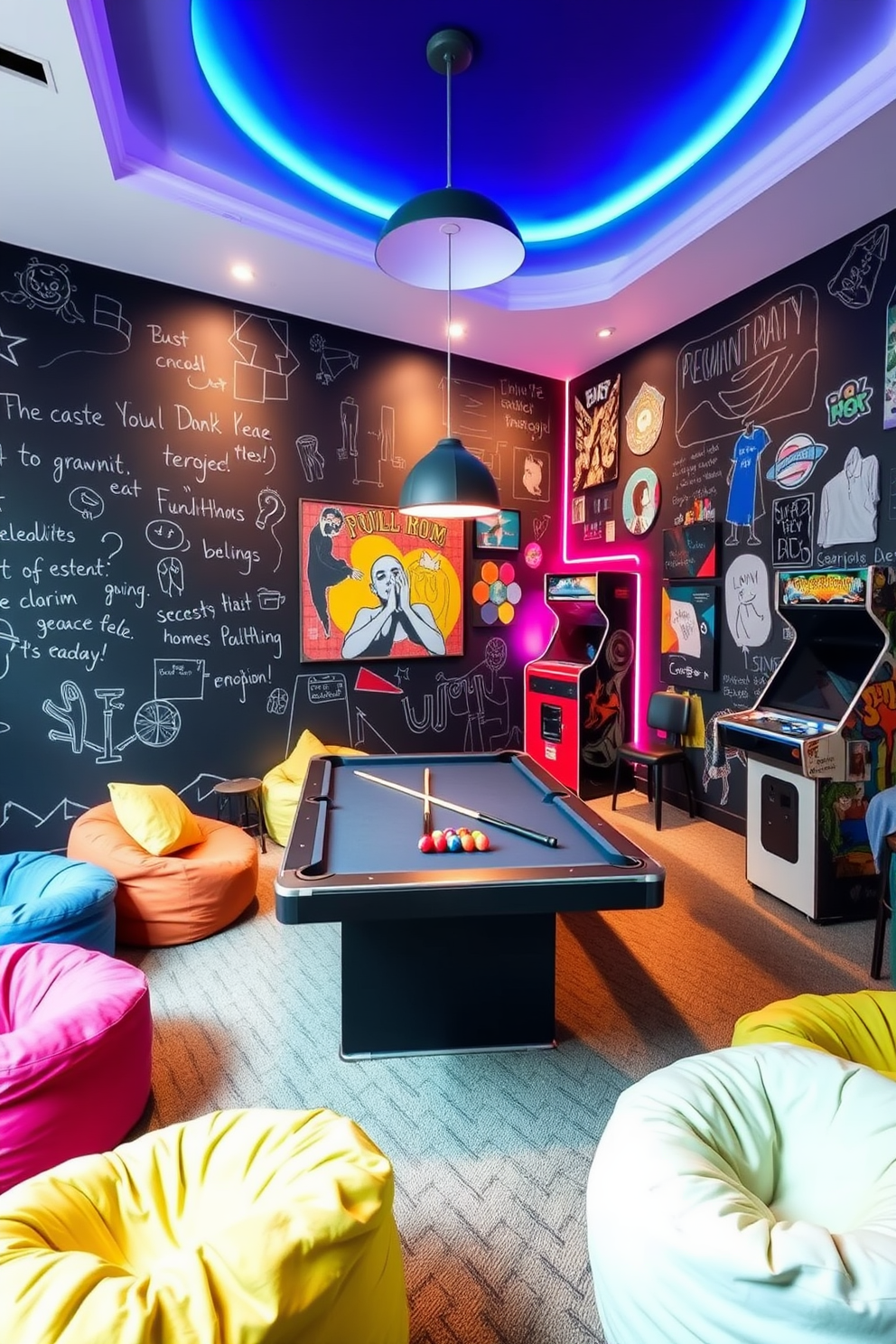 Artistic chalkboard wall for creativity A large chalkboard wall dominates one side of the room, inviting spontaneous drawings and notes. The space is filled with colorful bean bags and a cozy seating area, creating an inviting atmosphere for creativity. Fun Game Room Design Ideas The room features a sleek pool table at its center, surrounded by vibrant artwork and playful lighting. A retro arcade machine stands in one corner, adding a nostalgic touch to the lively space.