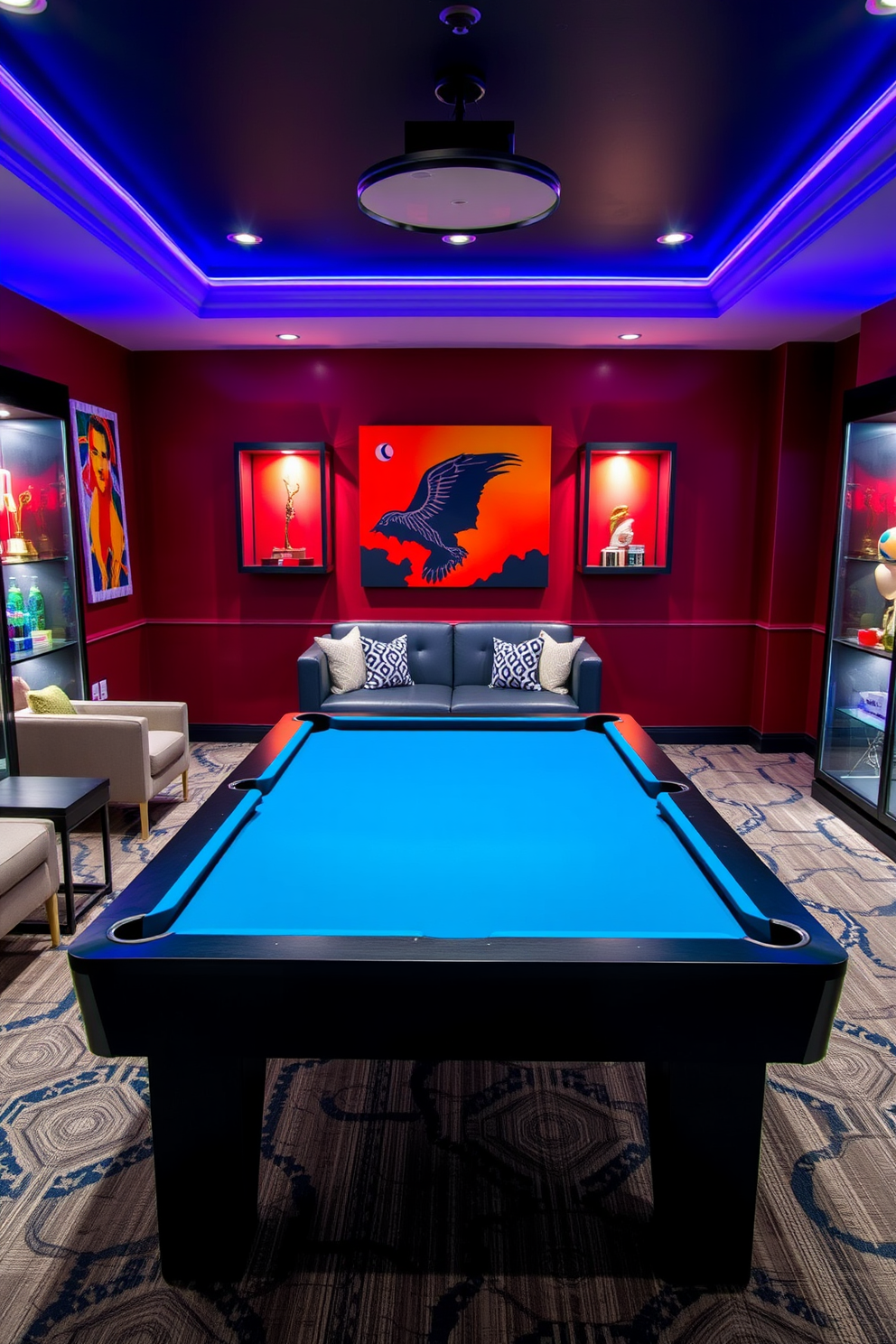 A stylish game room designed for entertainment and relaxation. The space features a sleek pool table at the center, surrounded by comfortable seating and vibrant wall art. Display cases for collectibles and trophies are strategically placed along the walls. Each case is illuminated with soft lighting, showcasing the items while adding a touch of elegance to the room.