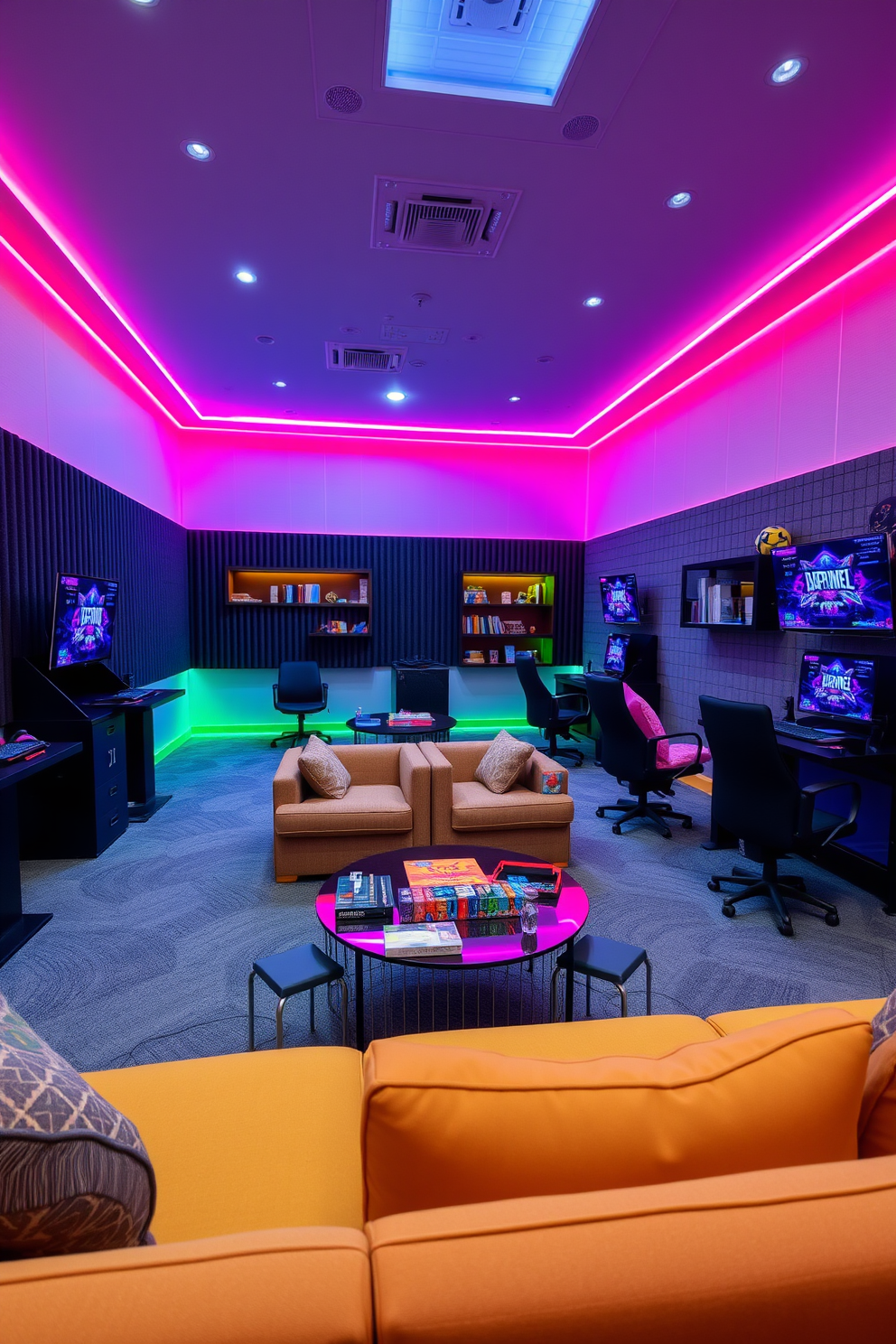 A vibrant game room designed for interactive multiplayer experiences. The space features multiple gaming stations with sleek consoles and comfortable seating arranged for social engagement. Colorful LED lighting enhances the atmosphere, while soundproof walls ensure an immersive experience. Wall-mounted screens display games, and shelves are filled with various board games and gaming accessories.