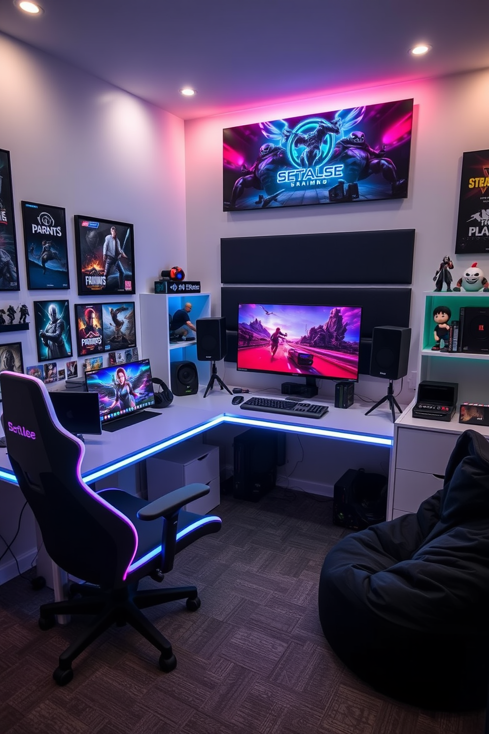 A sleek game console charging station setup features a modern wooden shelf with multiple compartments for game consoles and accessories. LED strip lights illuminate the shelf, creating a dynamic ambiance while keeping the area organized and clutter-free. The fun game room design includes a vibrant color palette with bean bag chairs and a large wall-mounted screen for gaming. A stylish rug anchors the seating area, while wall art depicting iconic video game characters adds a playful touch.