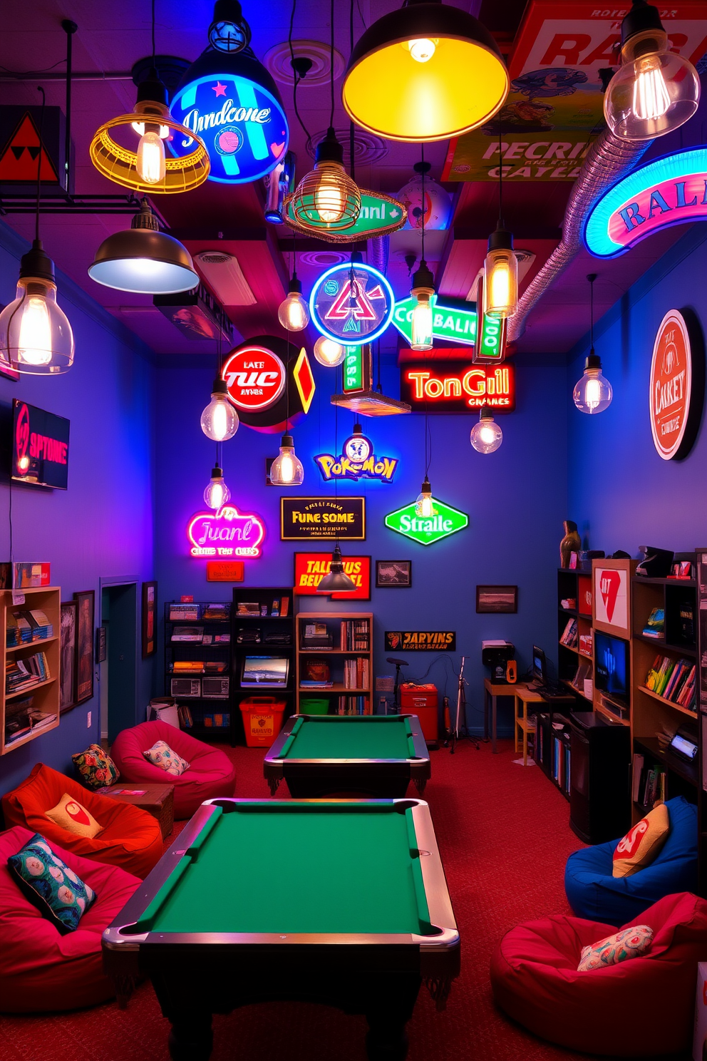 A vibrant game room filled with unique lighting fixtures that add character to the space. The walls are painted in a bold color, and the ceiling features an eclectic mix of pendant lights and neon signs that create an inviting atmosphere. The room includes a pool table and a cozy seating area with bean bags and colorful cushions. Shelves lined with board games and video game consoles complete the playful vibe, making it a perfect spot for entertainment and relaxation.