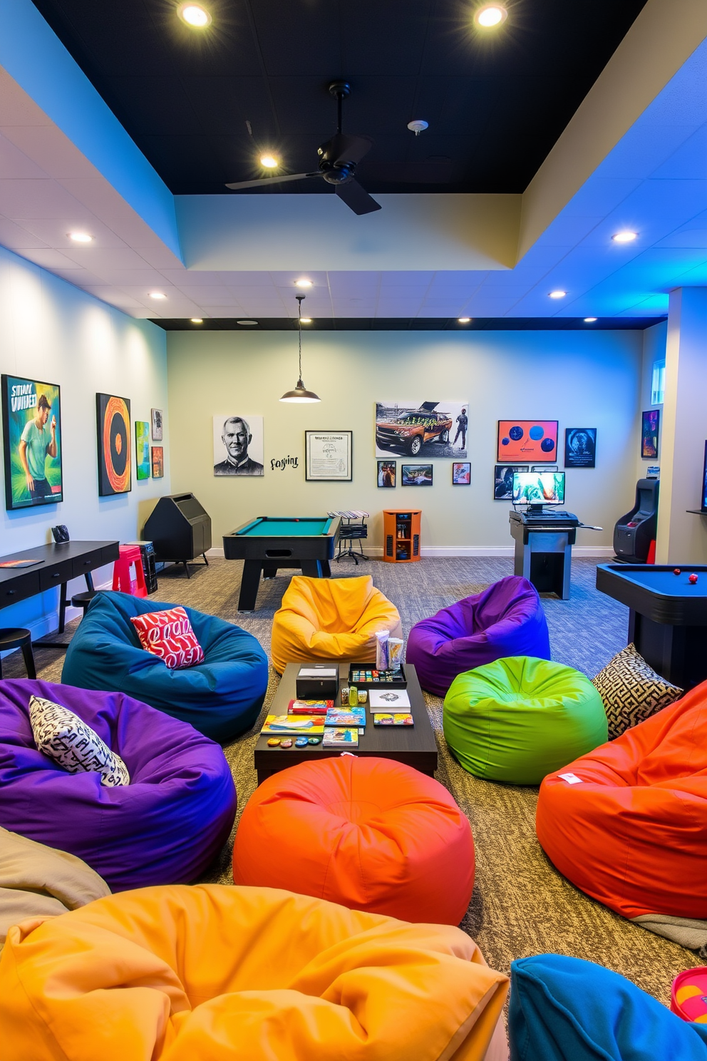 Cozy bean bag seating arrangements create a relaxed and inviting atmosphere perfect for casual gatherings. The room features a mix of oversized bean bags in vibrant colors, scattered around a low coffee table with board games and snacks. Fun game room design ideas include a dedicated area for various games such as pool, foosball, and video gaming. Bright wall art and playful lighting enhance the lively vibe, making it a perfect space for entertainment and socializing.