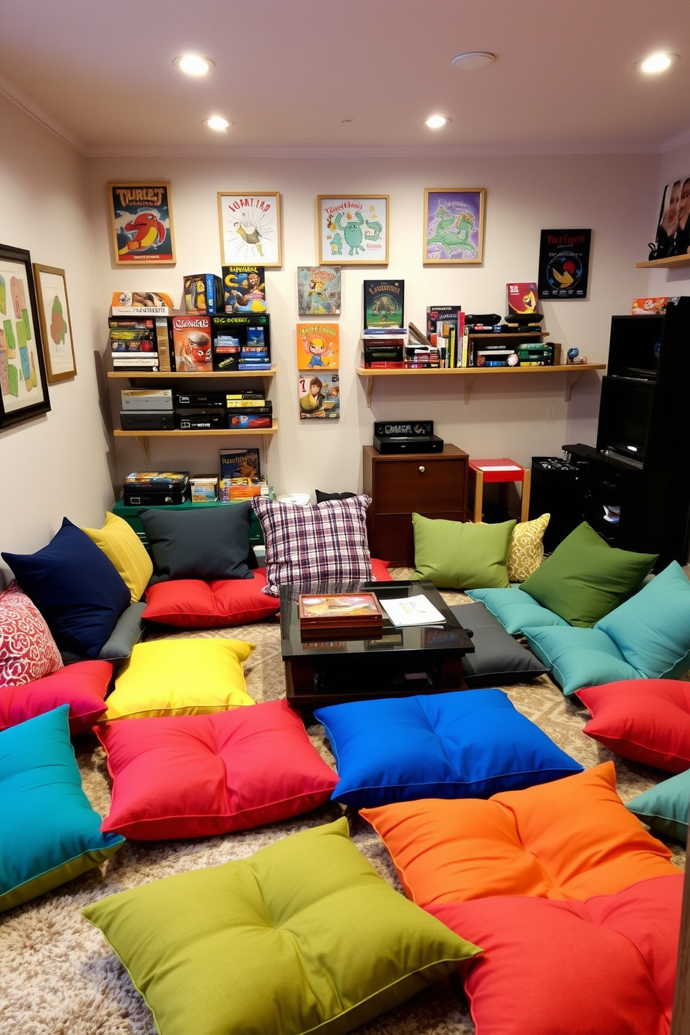 A cozy game room filled with vibrant floor cushions in various colors and patterns. The cushions are arranged around a low coffee table, creating an inviting space for casual seating and relaxation. The walls are adorned with playful artwork and shelves filled with board games and gaming consoles. Soft lighting and a plush rug complete the atmosphere, making it a perfect spot for friends and family to gather and enjoy.