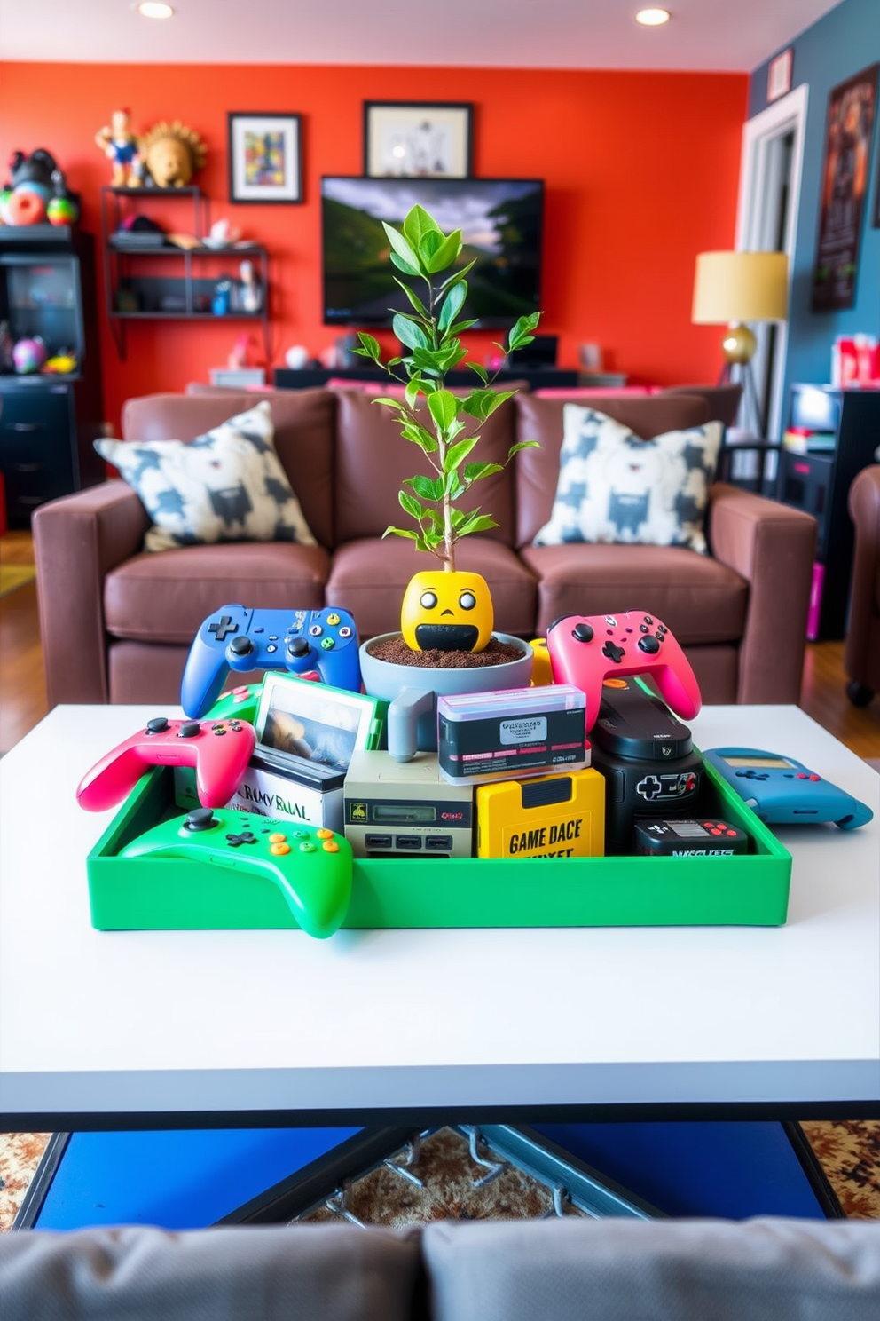 A vibrant coffee table centerpiece inspired by popular video games. It features a collection of colorful game controllers, retro game cartridges, and a small potted plant shaped like a pixelated character. The game room design incorporates bold wall colors and themed decor elements. Comfortable seating is arranged around the coffee table, creating an inviting space for gaming sessions with friends.