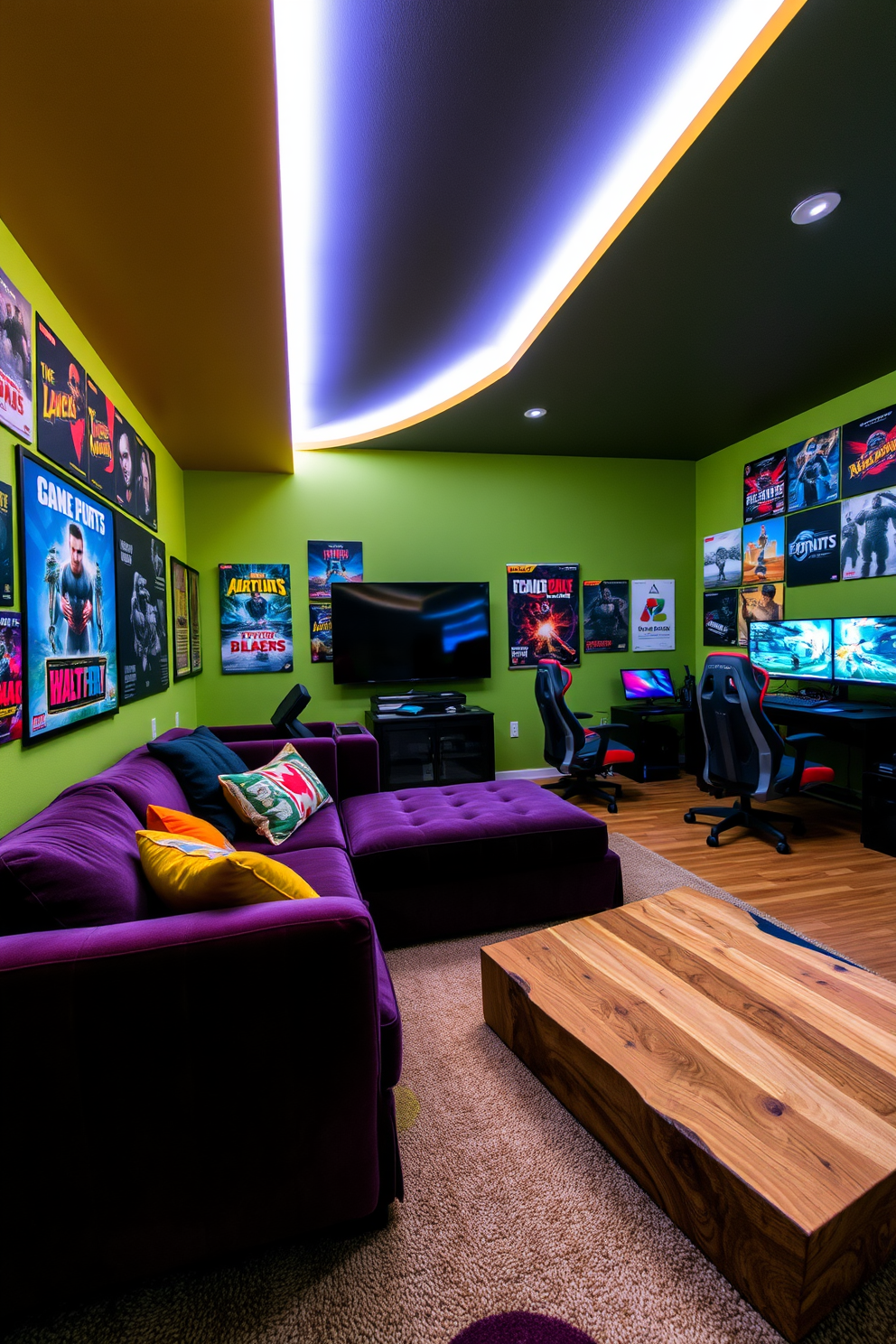 A vibrant game room filled with energy and excitement. The walls are adorned with colorful artwork and game posters, while LED strip lighting highlights the edges of the ceiling for a dynamic atmosphere. A plush sectional sofa in bold colors invites relaxation, surrounded by a coffee table made from reclaimed wood. A dedicated gaming corner features multiple screens and comfortable gaming chairs, ensuring an immersive experience for players.