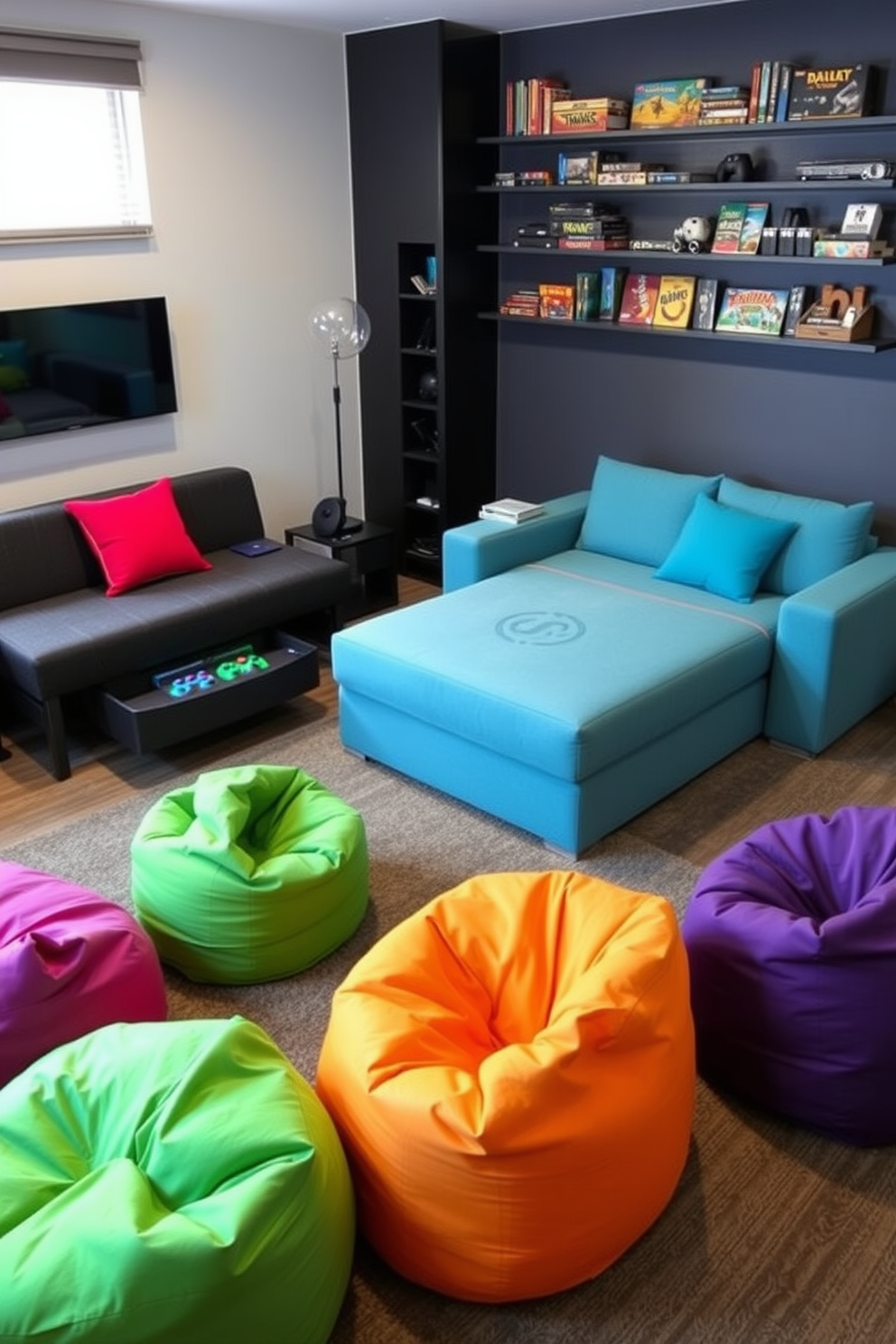 A stylish game room featuring multi-functional furniture that maximizes space efficiency. The room includes a convertible sofa that transforms into a bed and a coffee table with hidden storage compartments. Brightly colored bean bags are scattered around the room for casual seating and can be easily moved when needed. A wall-mounted gaming console and shelves for board games create an organized and inviting atmosphere.