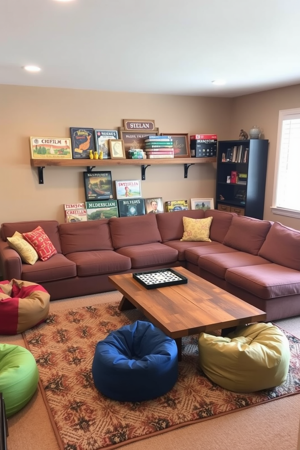 A cozy game room featuring vintage board games displayed on a rustic wooden shelf. The walls are painted in a warm beige, and a plush area rug in muted colors adds comfort to the space. A large, comfortable sectional sofa is arranged around a coffee table made from reclaimed wood. Colorful bean bags provide additional seating, creating an inviting atmosphere for friends and family to enjoy game nights.