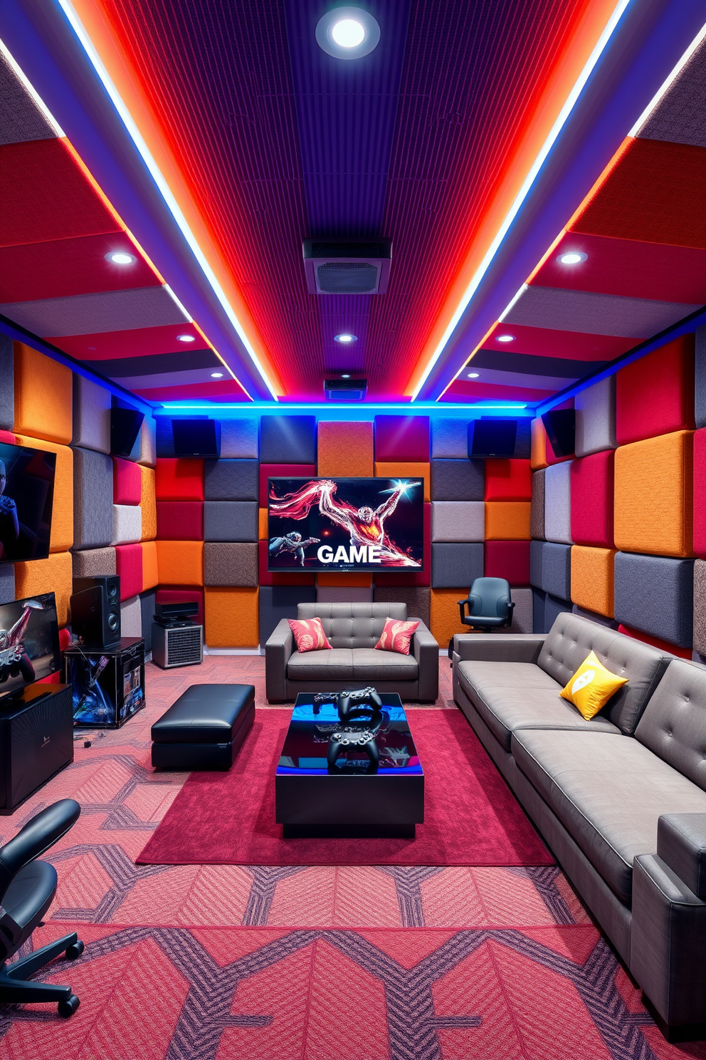 A vibrant game room designed for entertainment and relaxation. The walls are adorned with colorful soundproofing panels that reduce noise and enhance the gaming experience. In the center, a large sectional sofa invites comfort, surrounded by a sleek coffee table and a variety of gaming consoles. Bright LED lights illuminate the space, creating an energetic atmosphere perfect for gatherings.