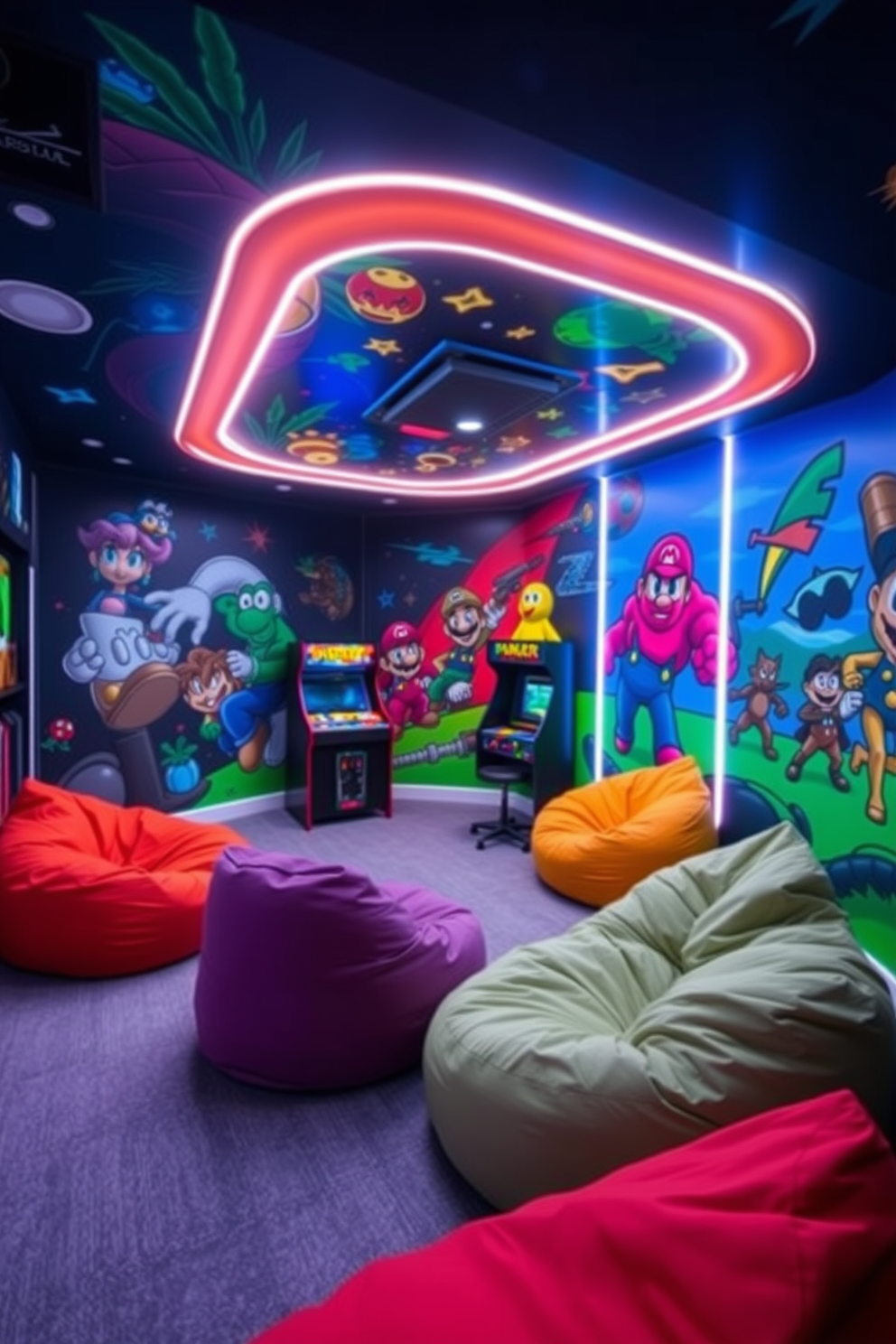 A vibrant game room filled with interactive wall art that features gaming elements. The walls are adorned with colorful murals of popular video game characters, and there are LED light strips that illuminate the space, creating an energetic atmosphere. The room includes a comfortable seating area with oversized bean bags and a large gaming console setup. A custom-built arcade cabinet stands in one corner, inviting guests to enjoy classic games while surrounded by playful decor.