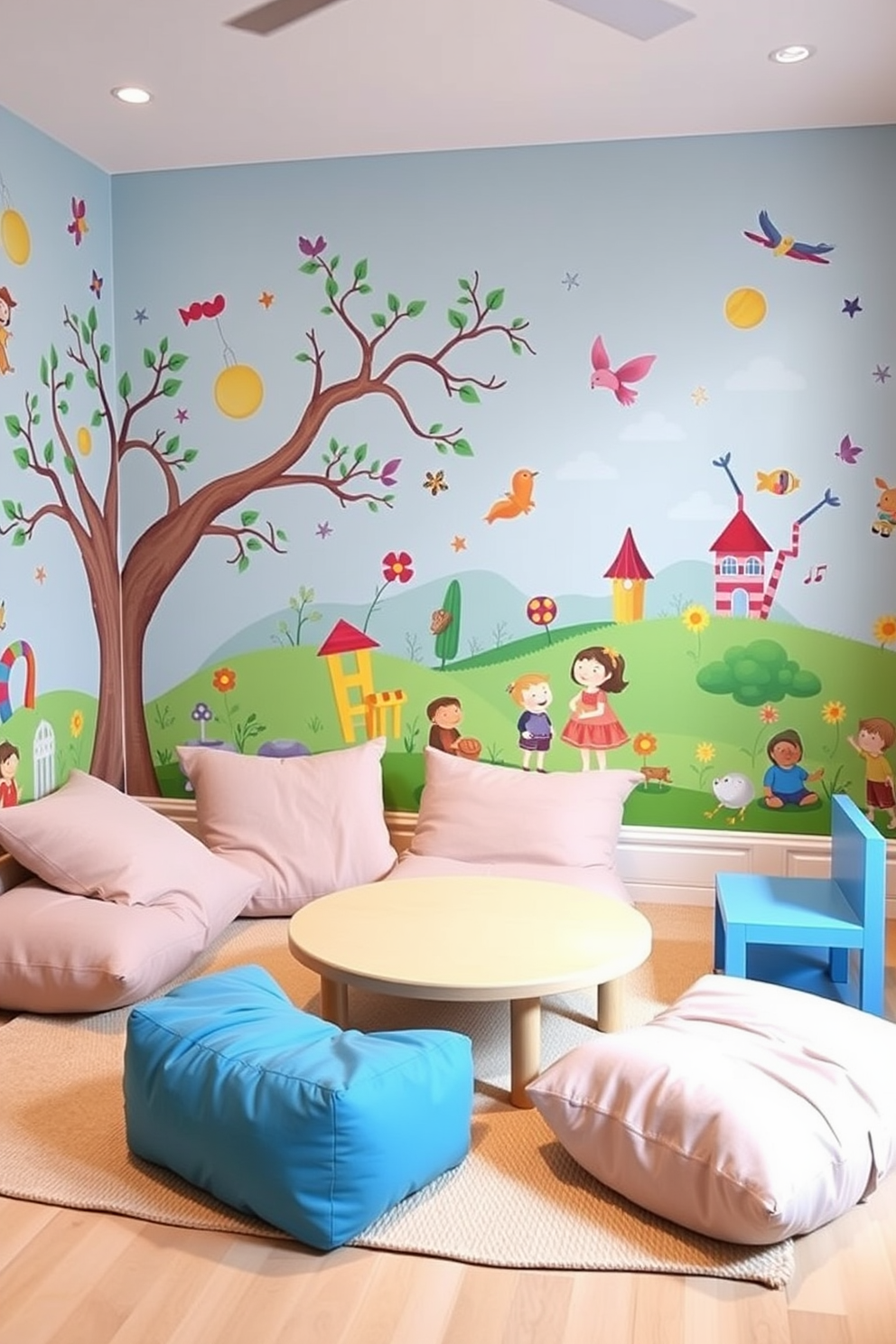 A vibrant playroom filled with colorful wall decals depicting whimsical characters and scenes. The space features soft, oversized cushions and a low table surrounded by playful furniture, creating an inviting atmosphere for imaginative play.