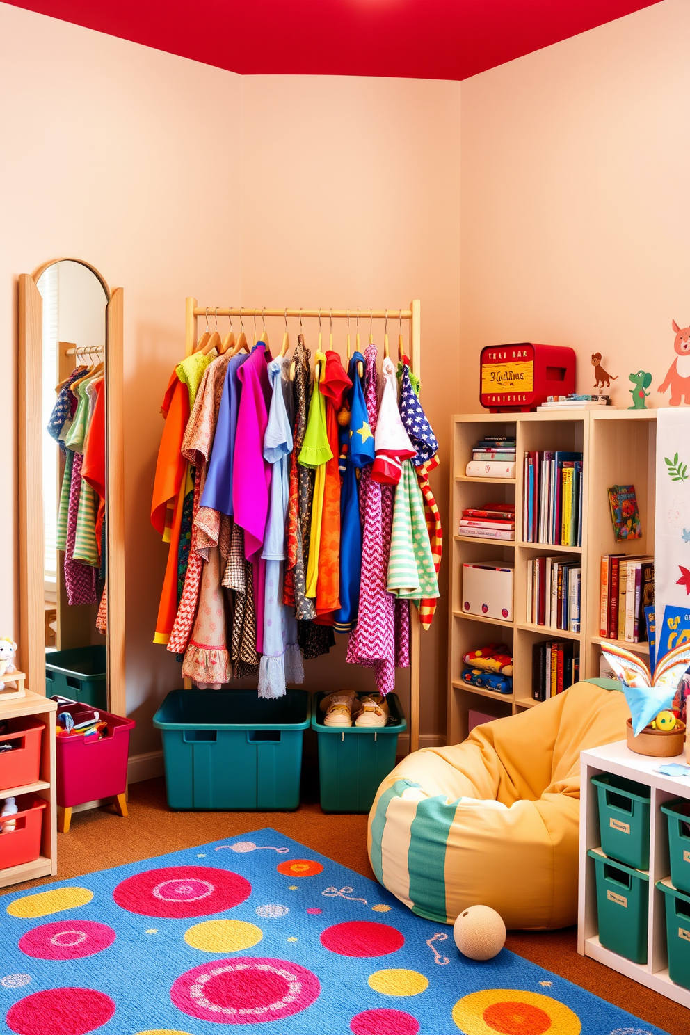 A whimsical dress-up corner is created with an array of colorful costumes hanging on a wooden rack. Surrounding the area are large, playful mirrors that reflect the vibrant outfits, inviting children to explore their imaginations. The playroom features a cozy reading nook with a soft bean bag chair and shelves filled with books. Brightly colored rugs and playful wall decals create an energetic atmosphere, while a variety of toys are neatly organized in bins for easy access.